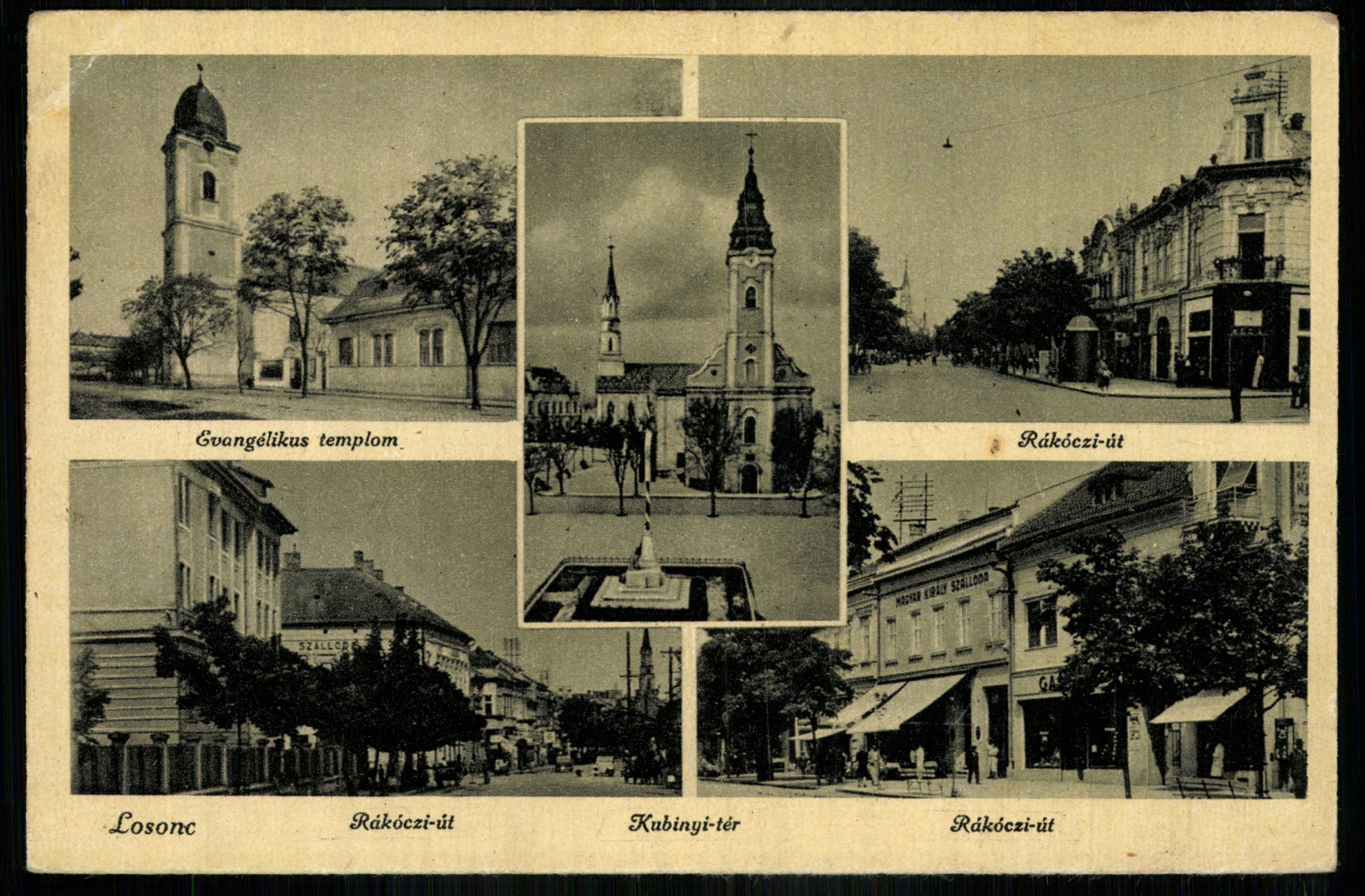 Losonc; Evangélikus templom; Rákóczi út; Rákóczi út; Kubinyi tér; Rákóczi út (Magyar Kereskedelmi és Vendéglátóipari Múzeum CC BY-NC-ND)