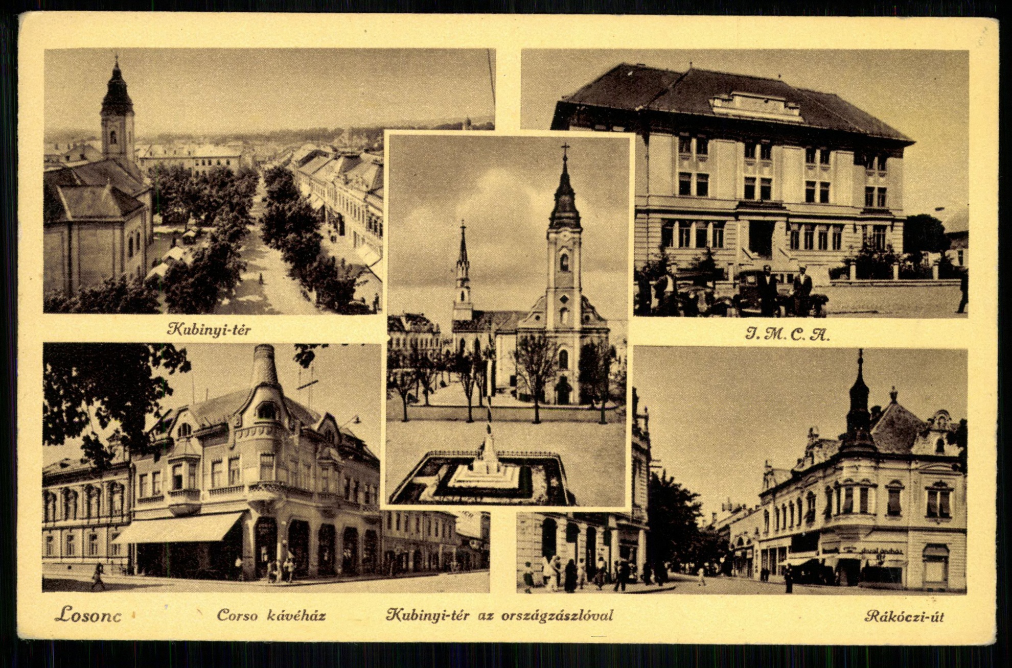 Losonc; Kubinyi tér; I. M. C. A.; Corso Kávéház; Kubinyi tér az országzászlóval; Rákóczi út (Magyar Kereskedelmi és Vendéglátóipari Múzeum CC BY-NC-ND)