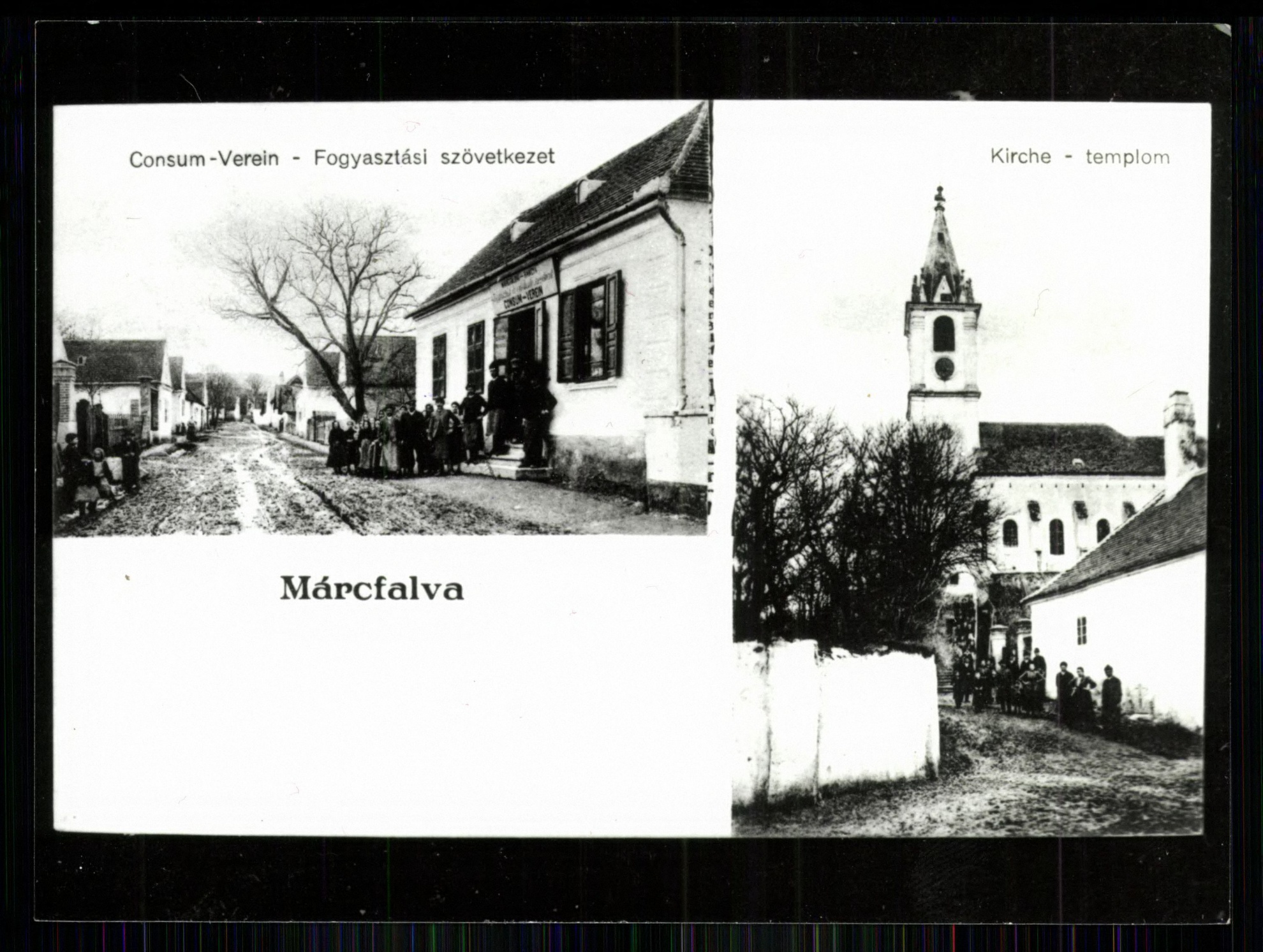 Márcfalva; Fogyasztási Szövetkezet; Templom (Magyar Kereskedelmi és Vendéglátóipari Múzeum CC BY-NC-ND)