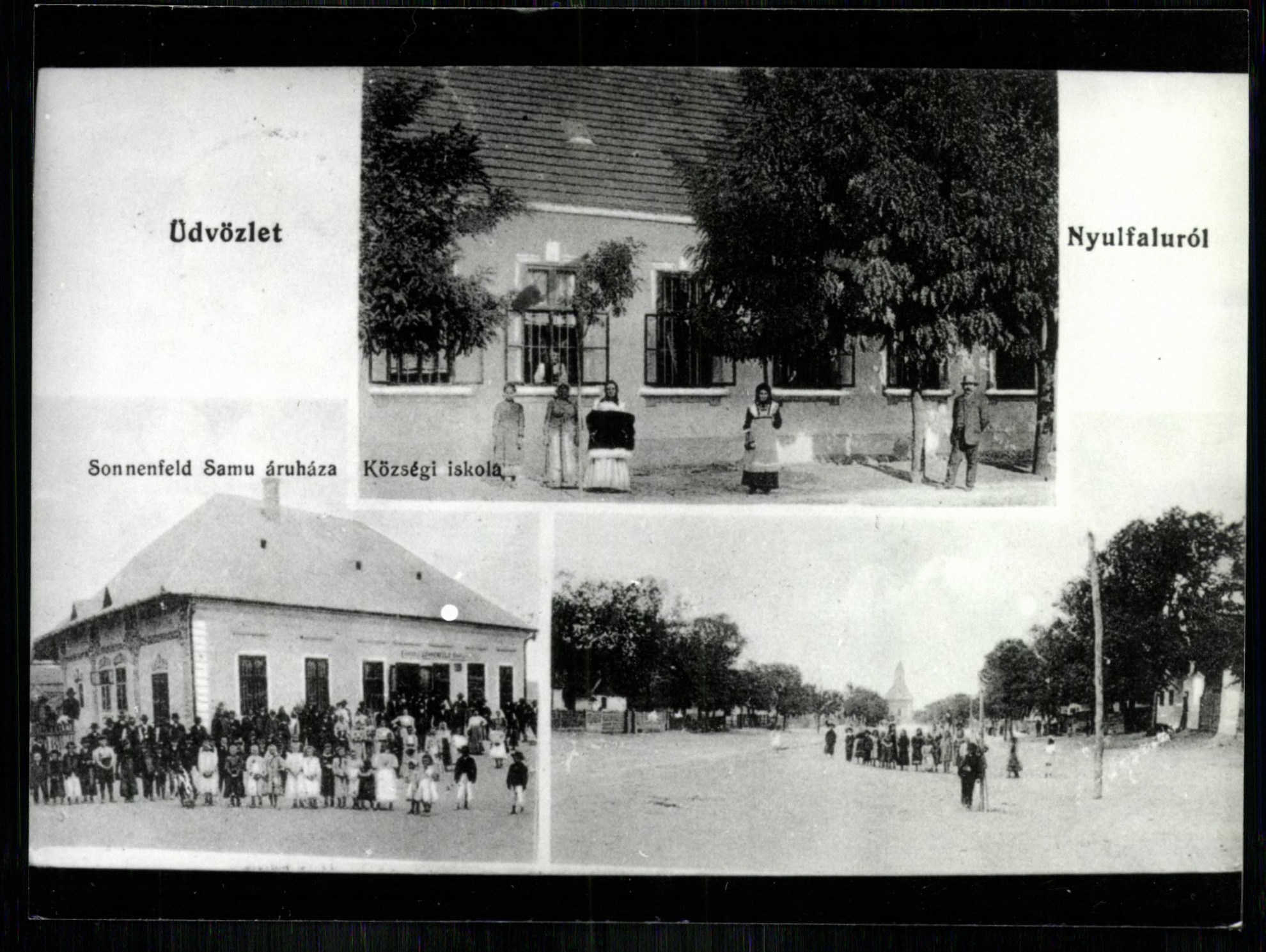 Nyúlfalu; Sonnenfeld Samu áruháza; Községi iskola (Magyar Kereskedelmi és Vendéglátóipari Múzeum CC BY-NC-ND)