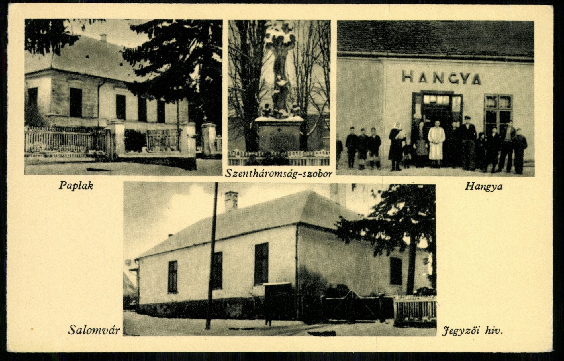 Salomvár; Paplak; Szentháromság szobor; Hangya; Jegyzői hivatal (Magyar Kereskedelmi és Vendéglátóipari Múzeum CC BY-NC-ND)