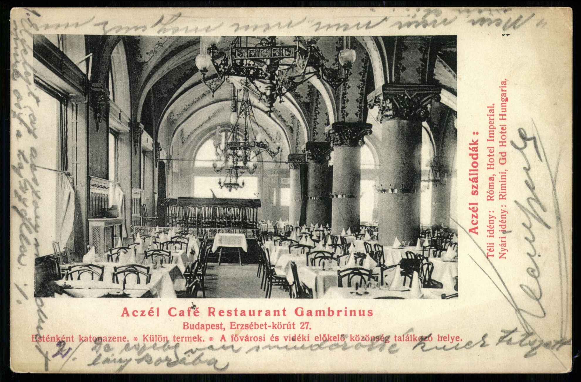 Aczél Café Restaurant Gambrinus, Budapest, Erzsébet körút 27. Esténként katonazene. Külön termek. A fővárosi és vidéki előkelő közönség találkozó helye., Aczél (Magyar Kereskedelmi és Vendéglátóipari Múzeum CC BY-NC-ND)