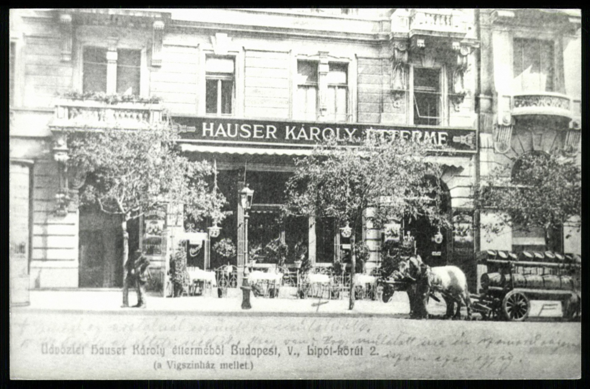 Hauser Károly étterme, Budapest, V., Lipót körút 2. (a Vígszínház mellett) (Magyar Kereskedelmi és Vendéglátóipari Múzeum CC BY-NC-ND)