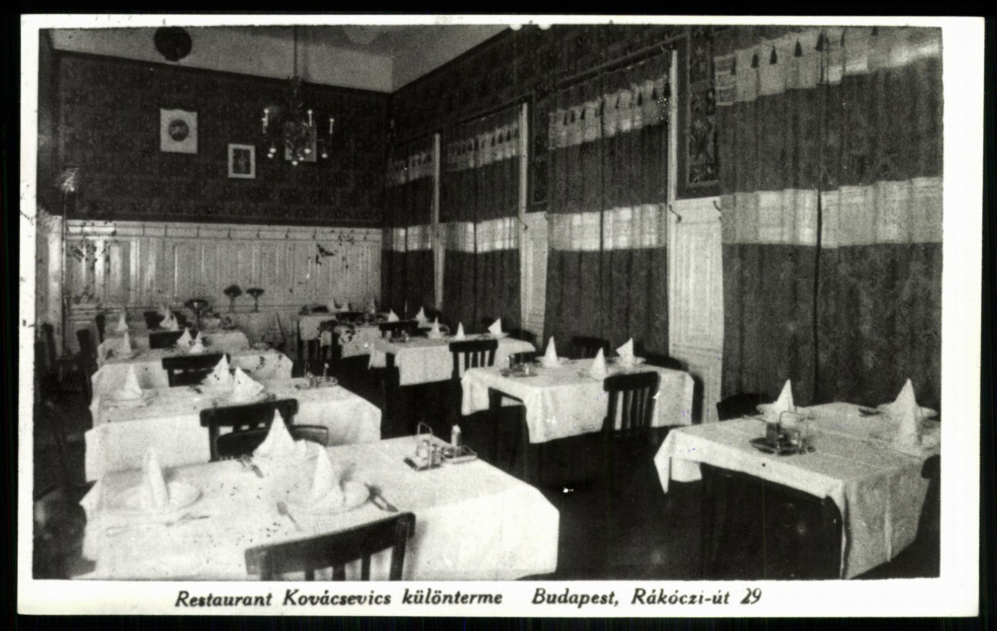Restaurant Kovácsevics különterme. Budapest, Rákóczi út 29. (Magyar Kereskedelmi és Vendéglátóipari Múzeum CC BY-NC-ND)