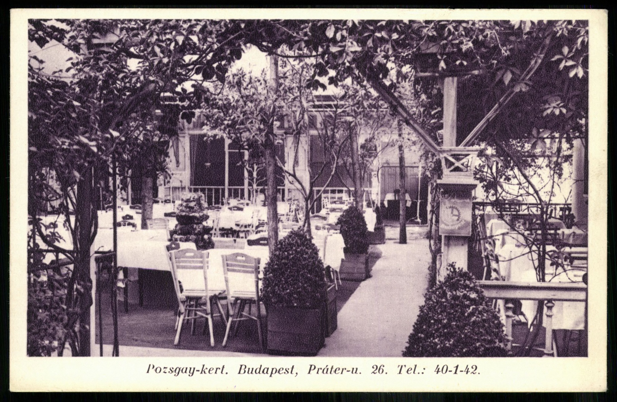 Pozsgay kert. Budapest, Práter utca 26. Tel.: 40-1-42 (Magyar Kereskedelmi és Vendéglátóipari Múzeum CC BY-NC-ND)