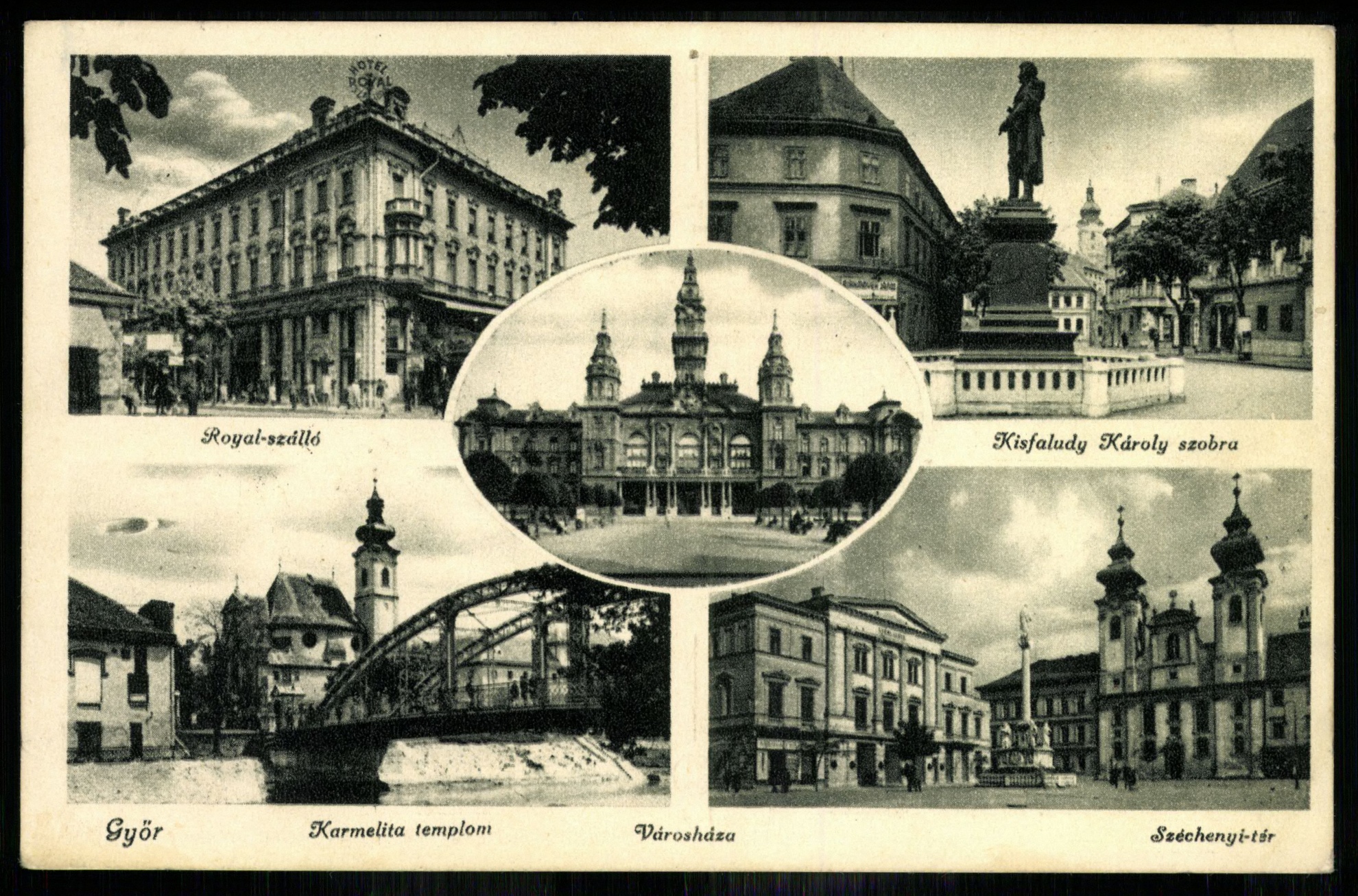 Győr Royal szálló, Kisfaludy Károly szobra, Karmelita templom, Széchenyi tér (Magyar Kereskedelmi és Vendéglátóipari Múzeum CC BY-NC-ND)