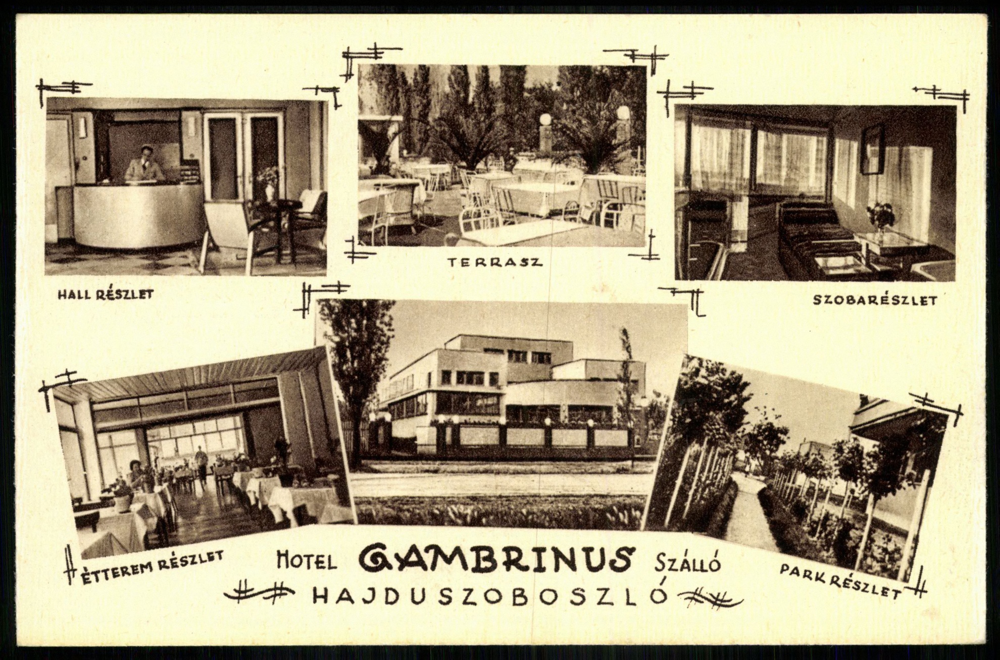 Hajdúszoboszló Gambrinus száll, Hall részlet, Terasz, Szobarészlet, Étterem részlet, Park részlet (Magyar Kereskedelmi és Vendéglátóipari Múzeum CC BY-NC-ND)