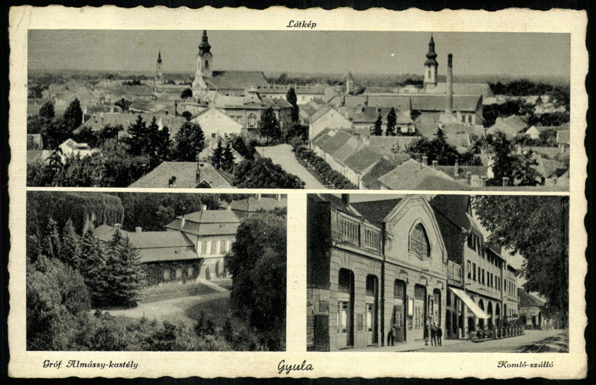 Gyula Látkép, Gróf Almássy-kastély, Komló szálló (Magyar Kereskedelmi és Vendéglátóipari Múzeum CC BY-NC-ND)