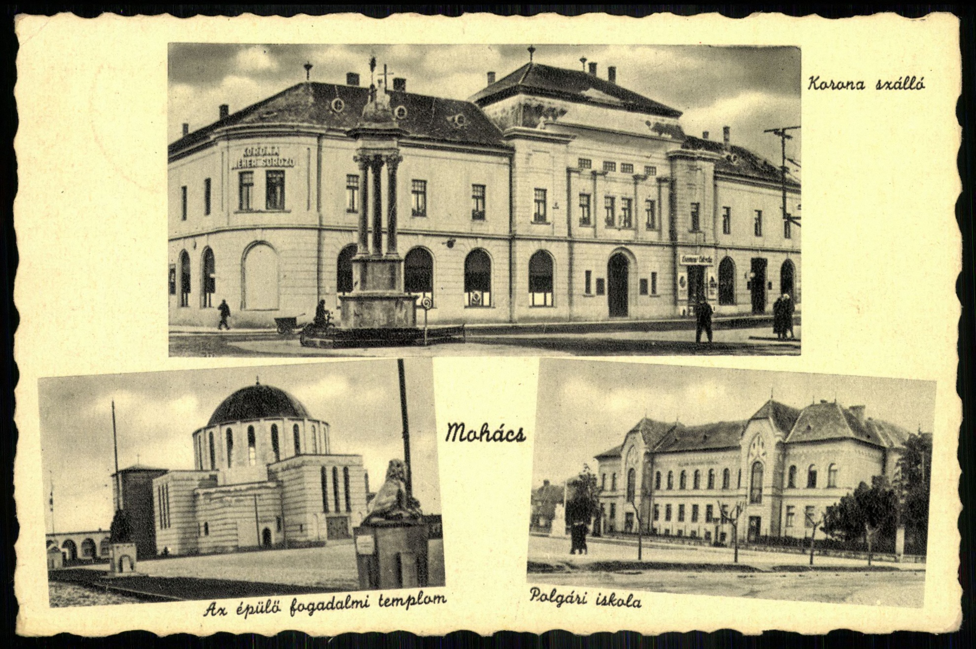 Mohács Korona szálló, Az épülő fogadalmi templom, Polgári iskola (Magyar Kereskedelmi és Vendéglátóipari Múzeum CC BY-NC-ND)