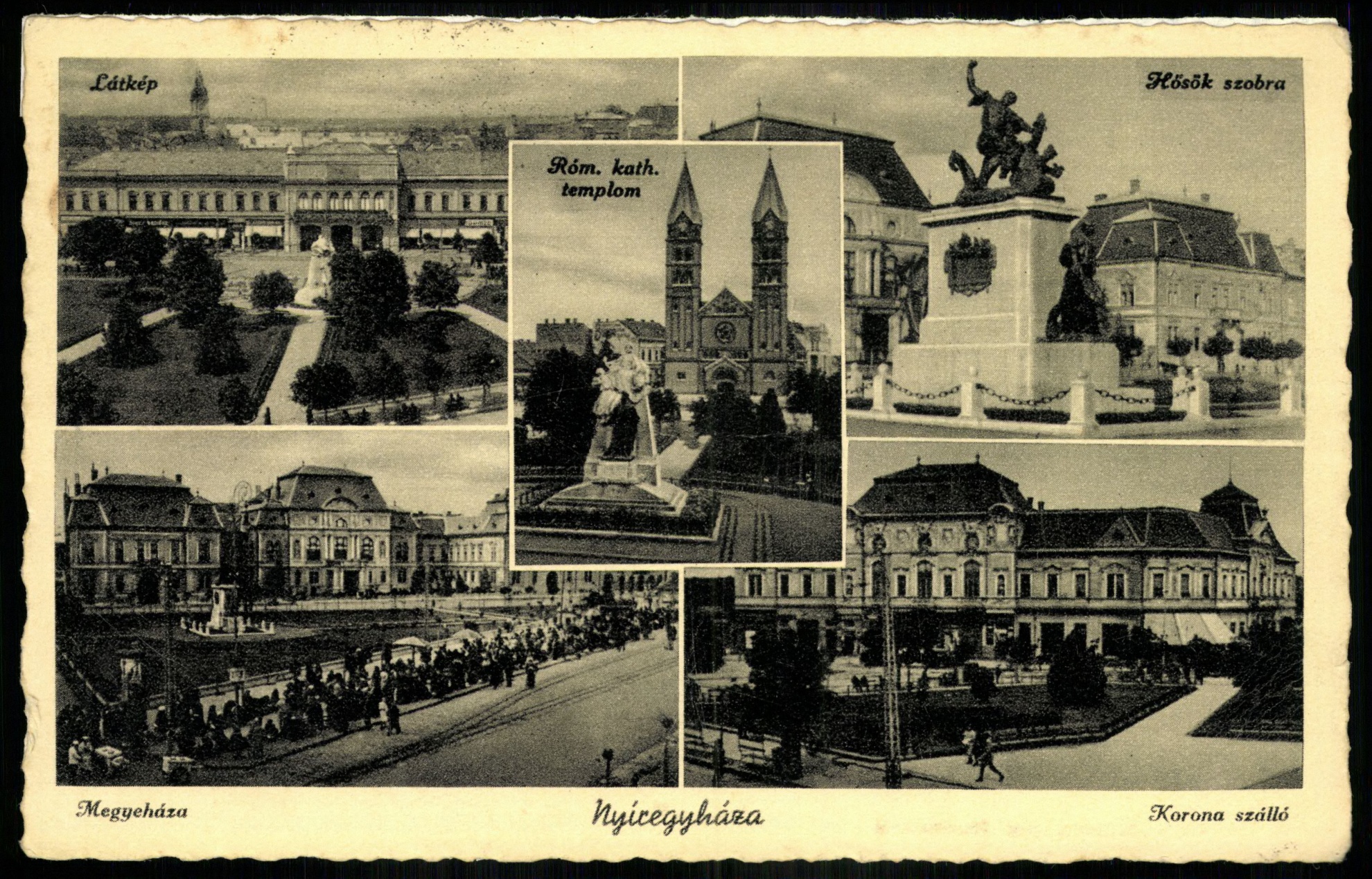 Nyíregyháza Látkép, Hősök szobra, Megyeháza, Római katolikus templom, Korona szálló (Magyar Kereskedelmi és Vendéglátóipari Múzeum CC BY-NC-ND)