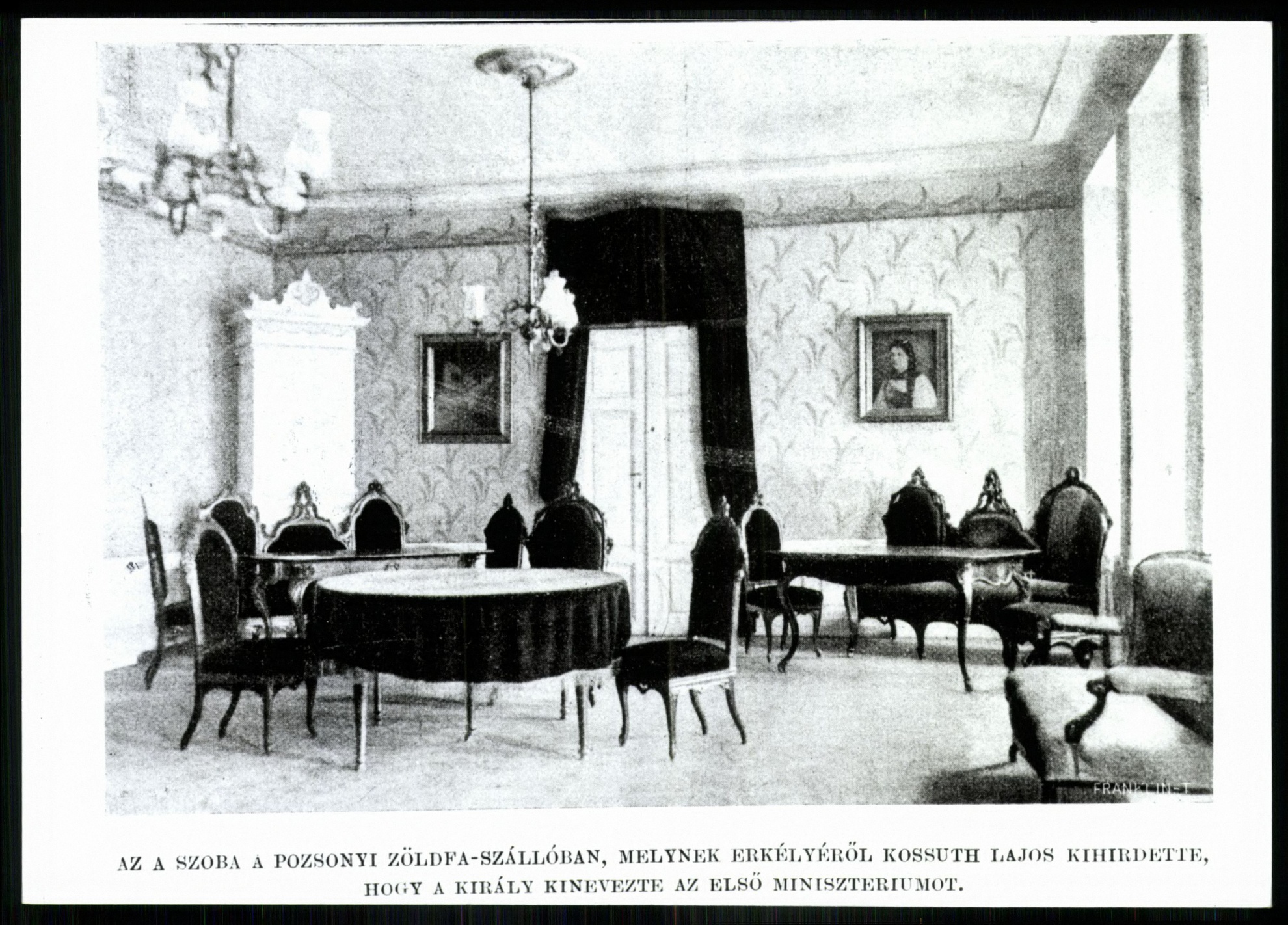 Pozsony Az a szoba a Zöldfa szállóban, melynek erkélyéről Kossuth Lajos kihirdette, hogy a király kinevezte az első minisztériumot (Magyar Kereskedelmi és Vendéglátóipari Múzeum CC BY-NC-ND)