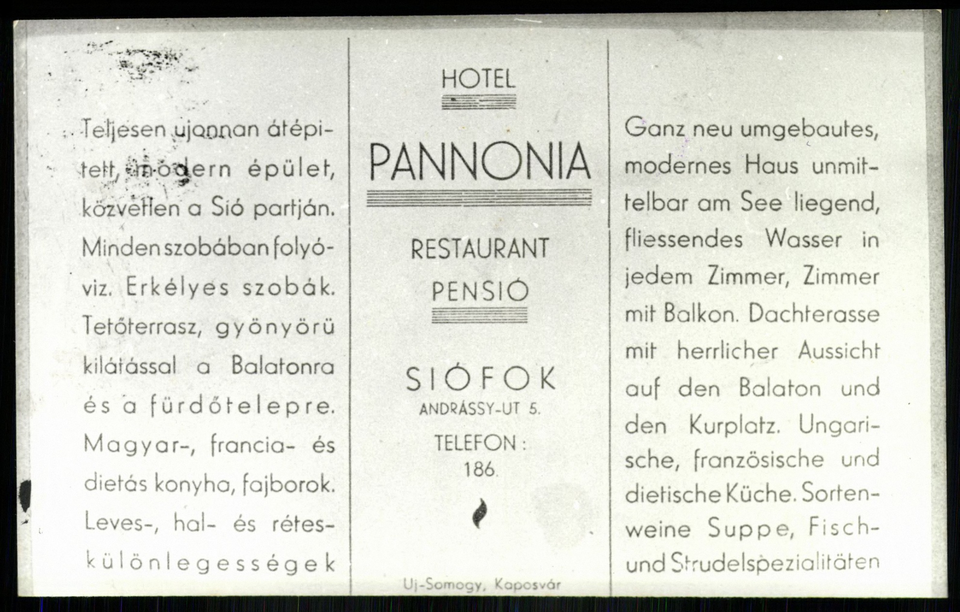 Siófok Hotel Pannonia Restaurant Pensió. Andrássy út 5. Telefon 1986. (Magyar Kereskedelmi és Vendéglátóipari Múzeum CC BY-NC-ND)