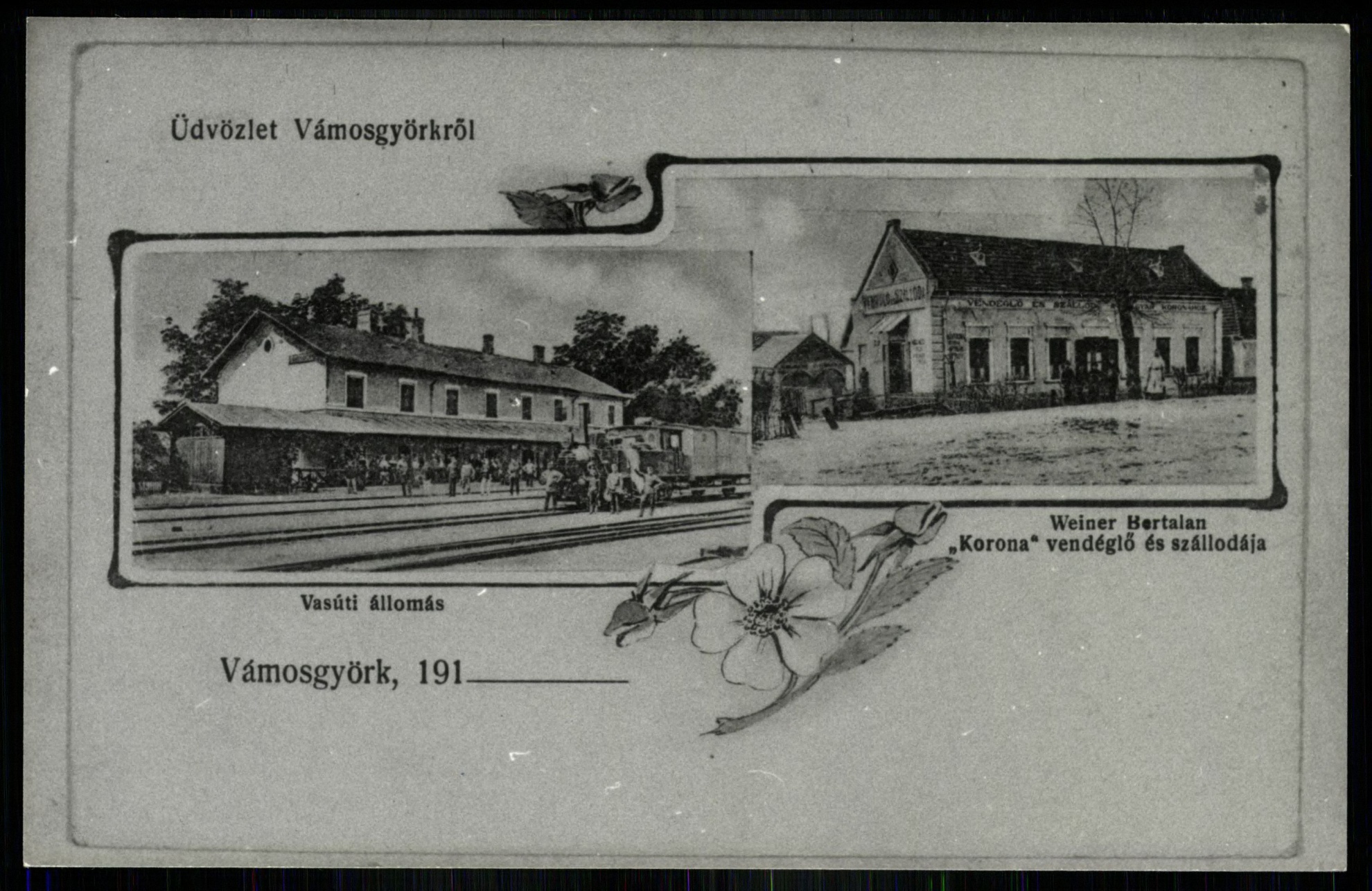 Vámosgyörk Vasúti állomás, Weiner Bertalan „Korona” vendéglő és szállodája (Magyar Kereskedelmi és Vendéglátóipari Múzeum CC BY-NC-ND)