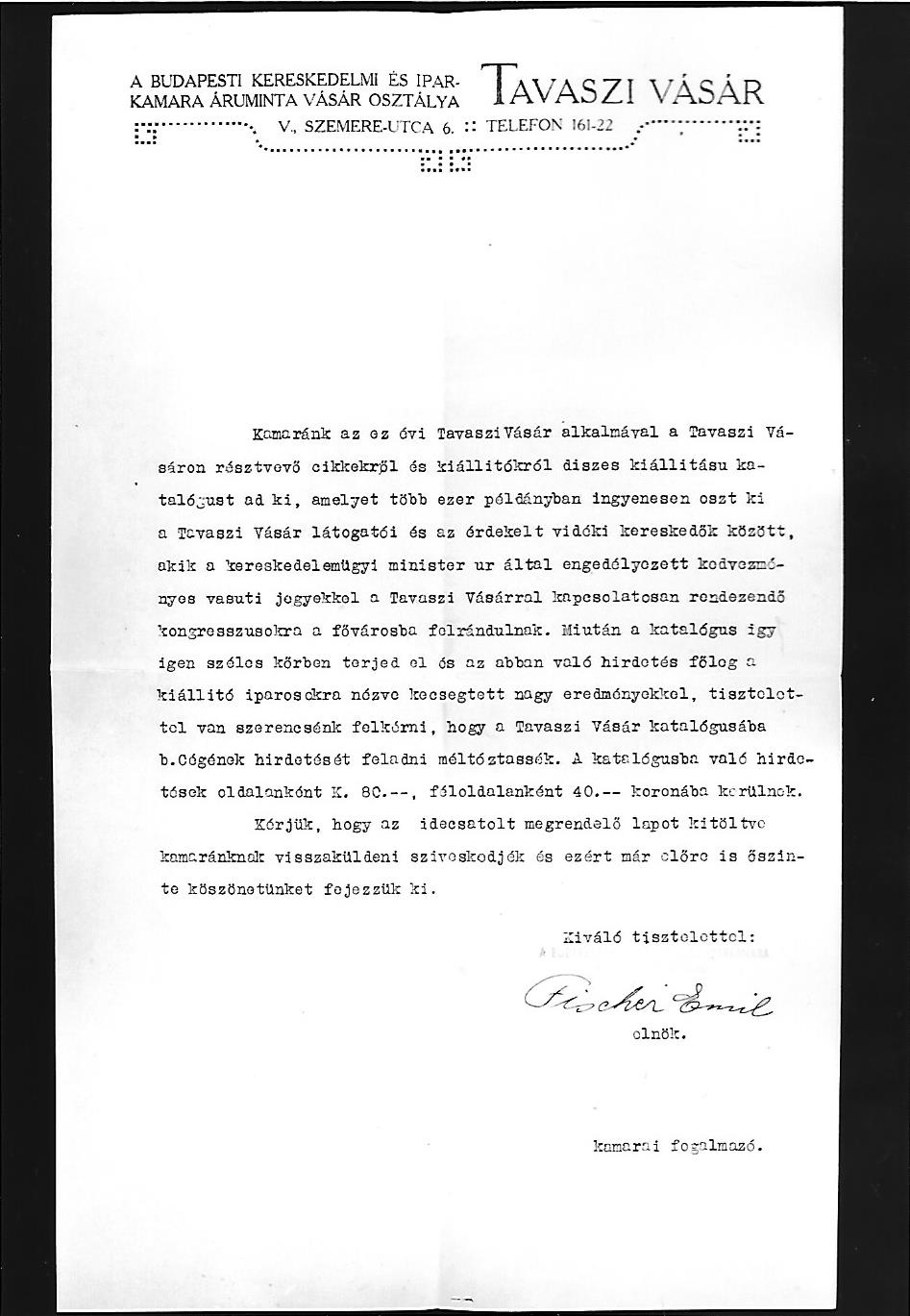 levél BKIK áruminta vásár osztály Budapest 1900-1918 (Magyar Kereskedelmi és Vendéglátóipari Múzeum CC BY-NC-ND)