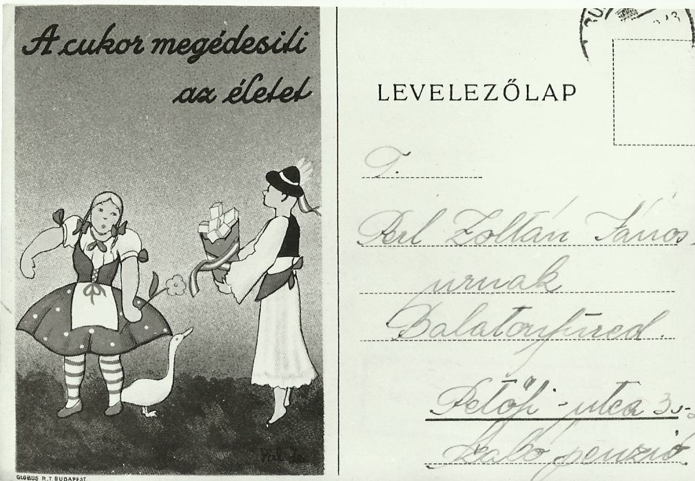 A cukor megédesíti az életet, levelezőlap (Magyar Kereskedelmi és Vendéglátóipari Múzeum CC BY-NC-ND)