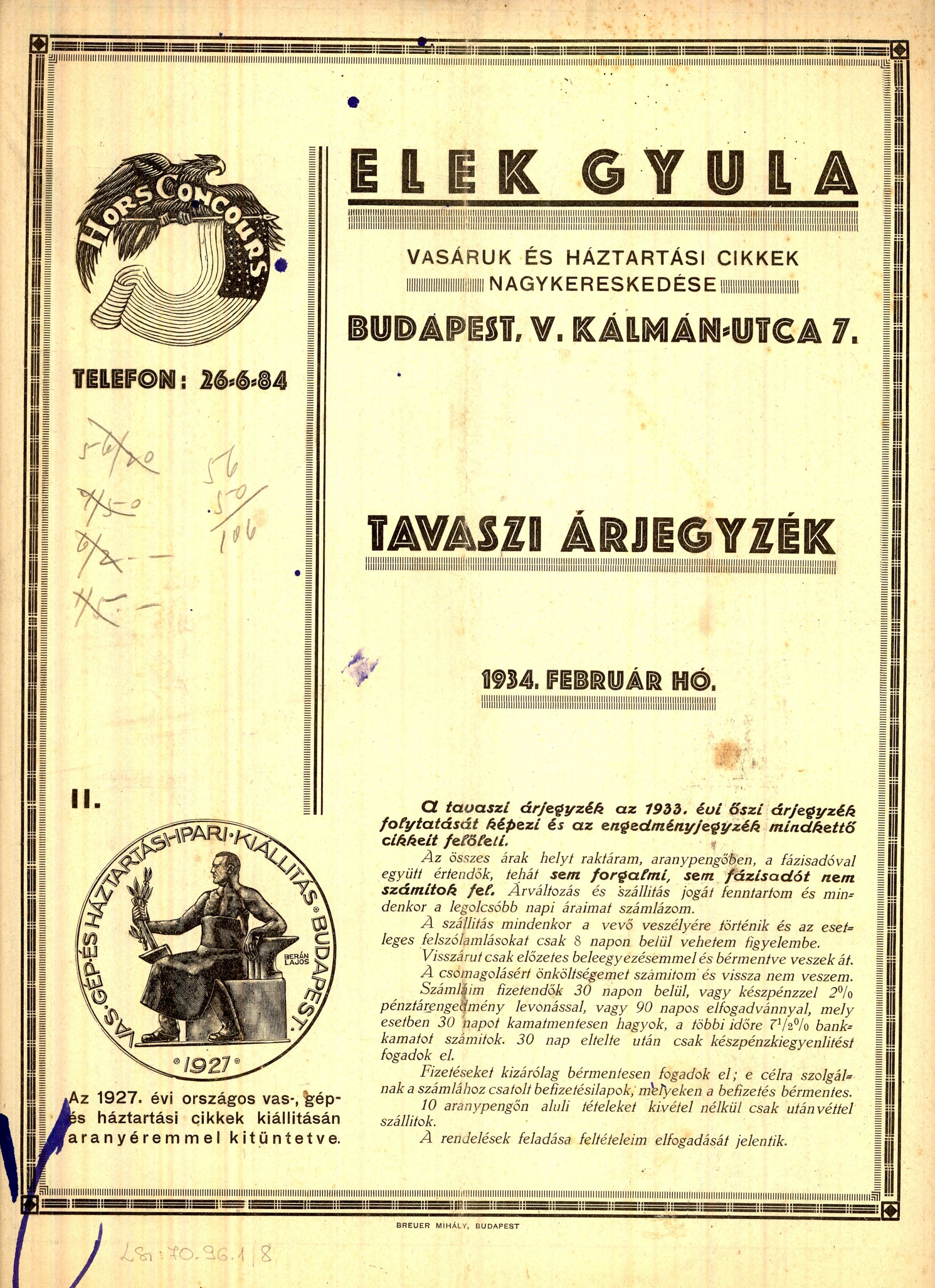Elek Gyula árjegyzéke (Magyar Kereskedelmi és Vendéglátóipari Múzeum CC BY-NC-SA)