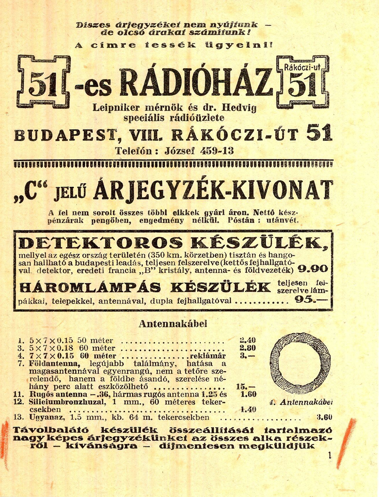 51-es Rádióház "C" jelű árjegyzék-kivonat (Magyar Kereskedelmi és Vendéglátóipari Múzeum CC BY-NC-SA)