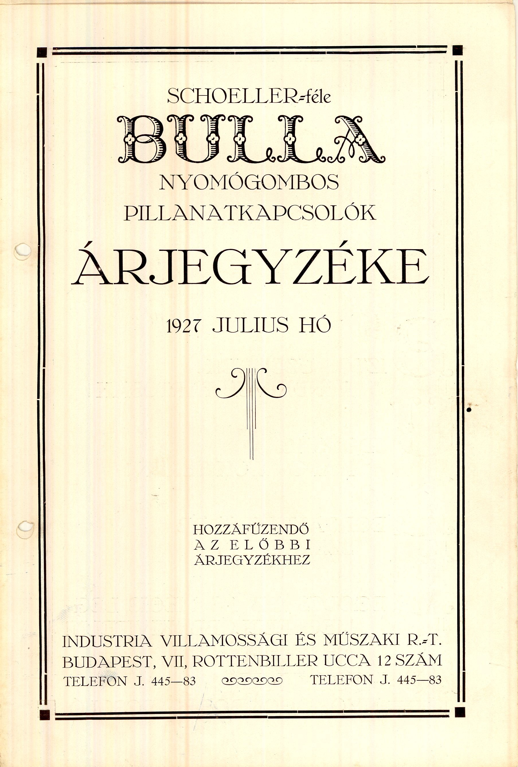 Scholler-féle Bulla nyomógombos pillanatkapcsolók árjegyzéke (Magyar Kereskedelmi és Vendéglátóipari Múzeum CC BY-NC-SA)
