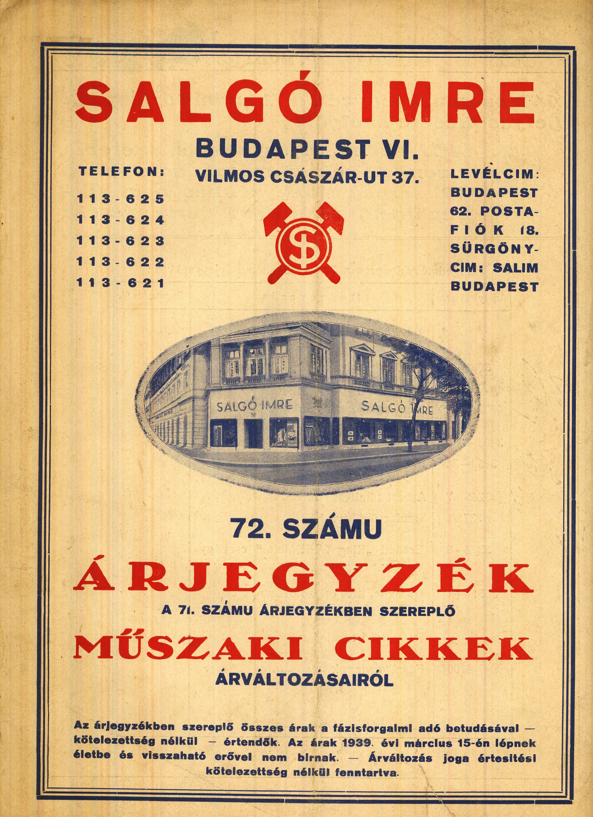 72. SZÁMU ÁRJEGYZÉK (Magyar Kereskedelmi és Vendéglátóipari Múzeum CC BY-NC-SA)