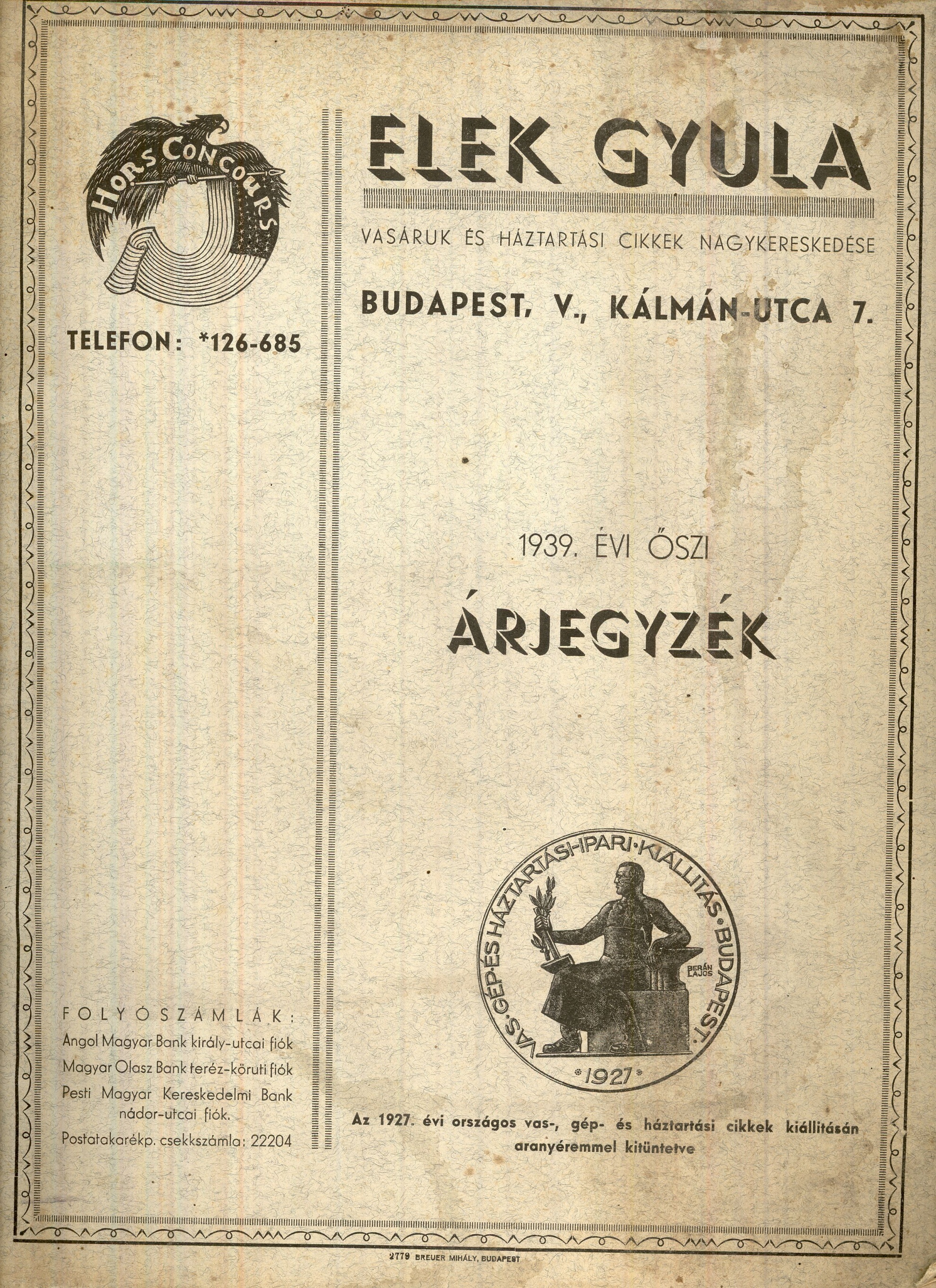 Elek Gyula árjegyzéke (Magyar Kereskedelmi és Vendéglátóipari Múzeum CC BY-NC-SA)