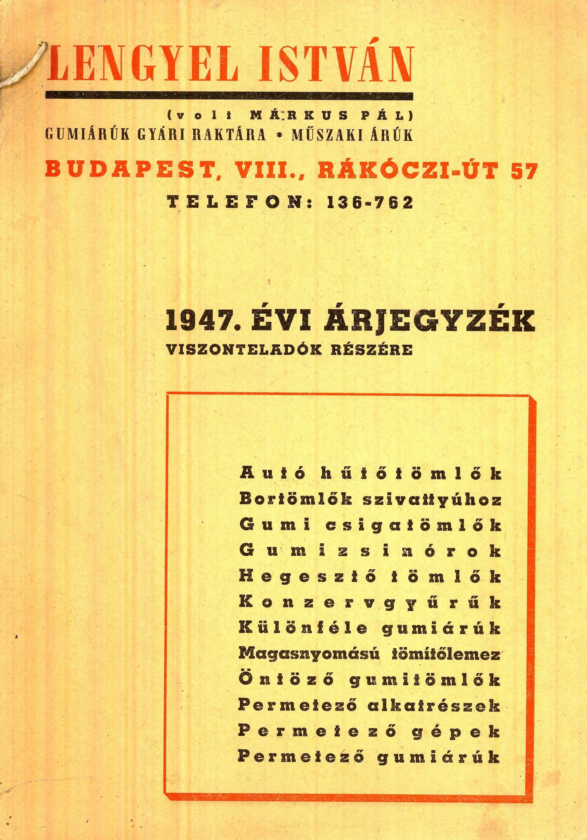 Lengyel István árjegyzék (Magyar Kereskedelmi és Vendéglátóipari Múzeum CC BY-NC-SA)