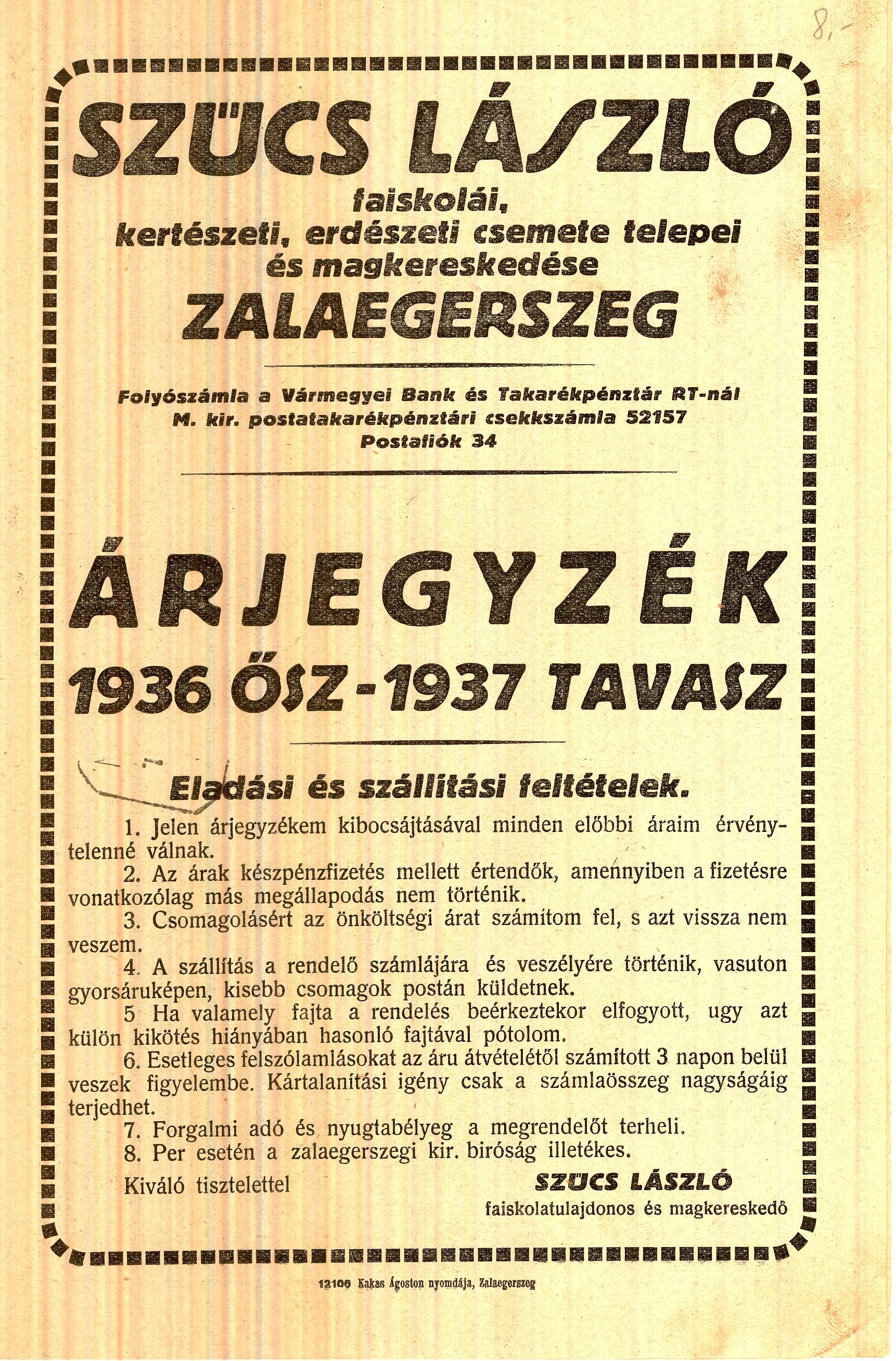 Szűcs László faiskolái árjegyzék (Magyar Kereskedelmi és Vendéglátóipari Múzeum CC BY-NC-SA)