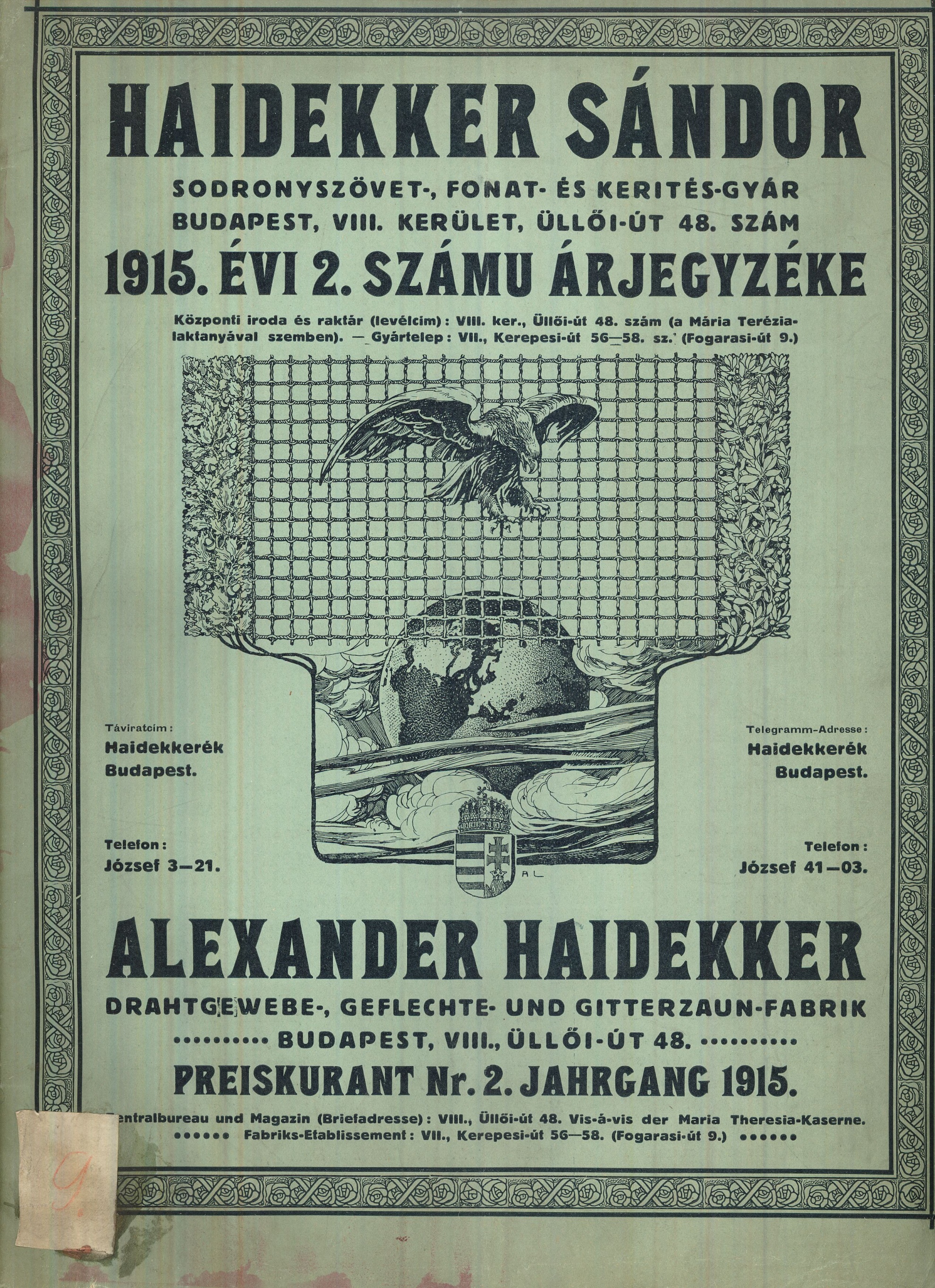 HAIDEKKER SÁNDOR ÁRJEGYZÉKE (Magyar Kereskedelmi és Vendéglátóipari Múzeum CC BY-NC-SA)