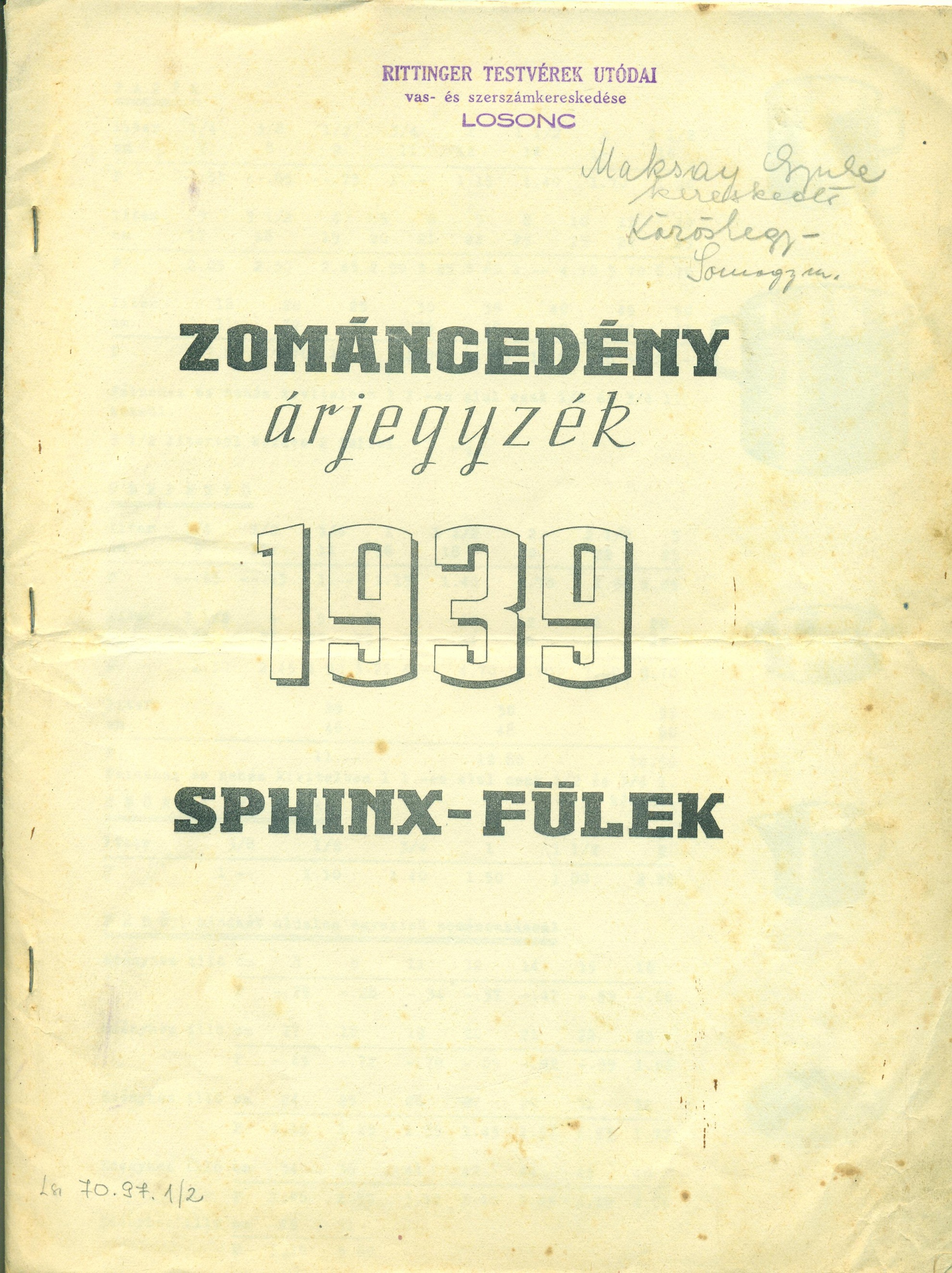 ZOMÁNCEDÉNY árjegyzék (Magyar Kereskedelmi és Vendéglátóipari Múzeum CC BY-NC-SA)