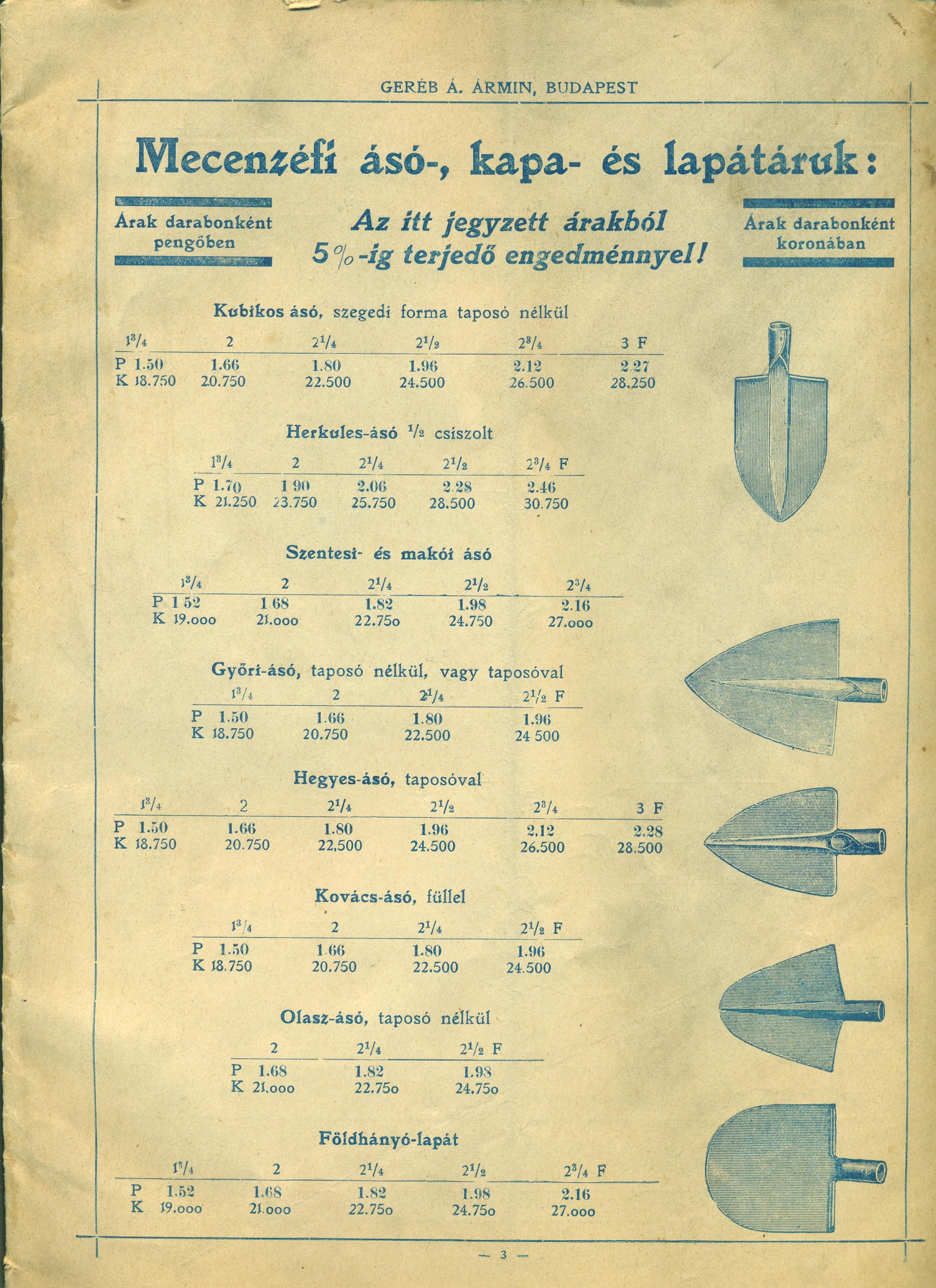 Mecenzéfi ásó-, kapa- és lapátáruk árjegyzéke (Magyar Kereskedelmi és Vendéglátóipari Múzeum CC BY-NC-SA)
