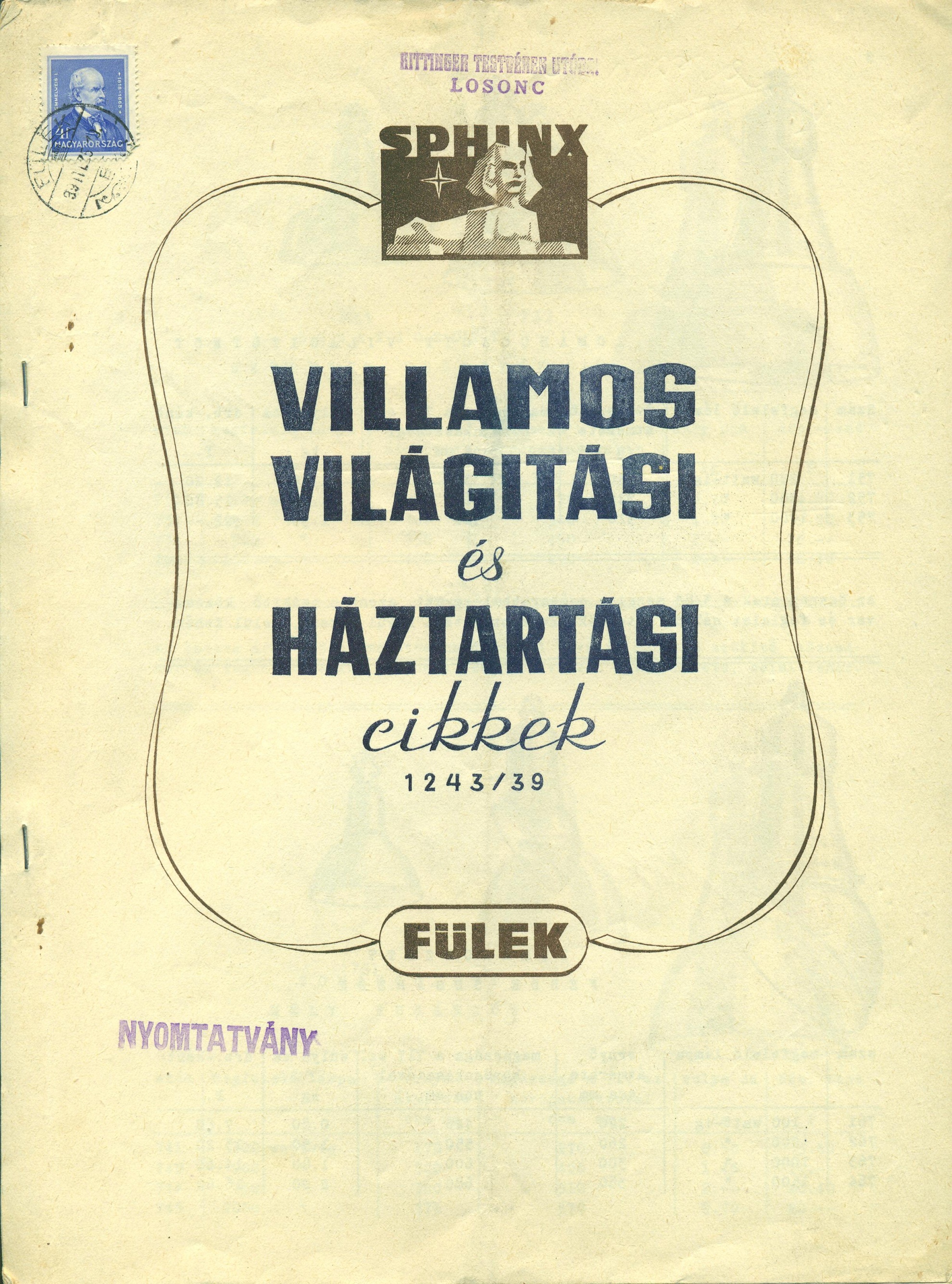 SPHINX VILLAMOS VILÁGITÁSI árjegyzék (Magyar Kereskedelmi és Vendéglátóipari Múzeum CC BY-NC-SA)