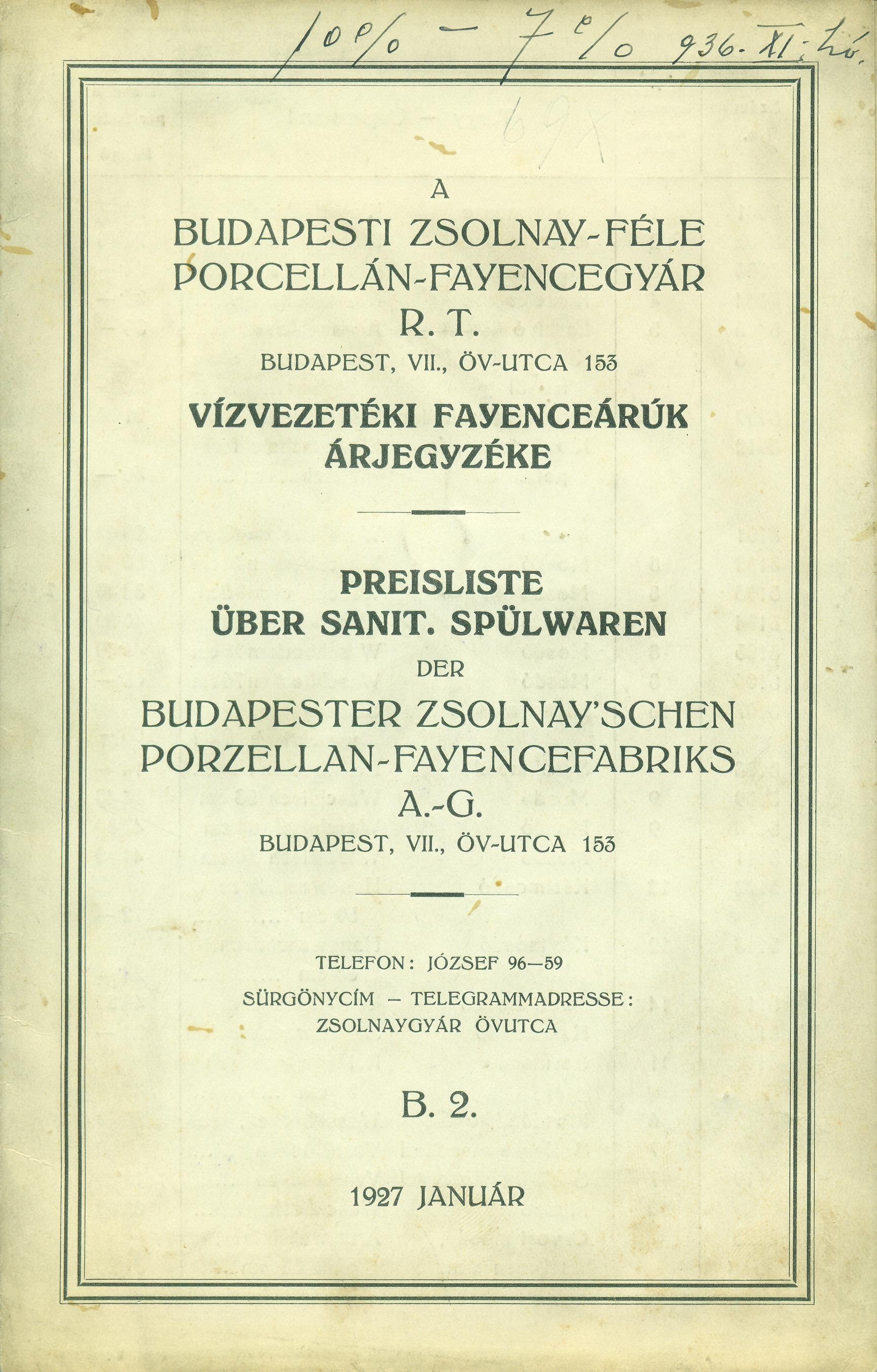 VÍZVEZETÉKI FAYENCEÁRÚK ÁRJEGYZÉKE (Magyar Kereskedelmi és Vendéglátóipari Múzeum CC BY-NC-SA)
