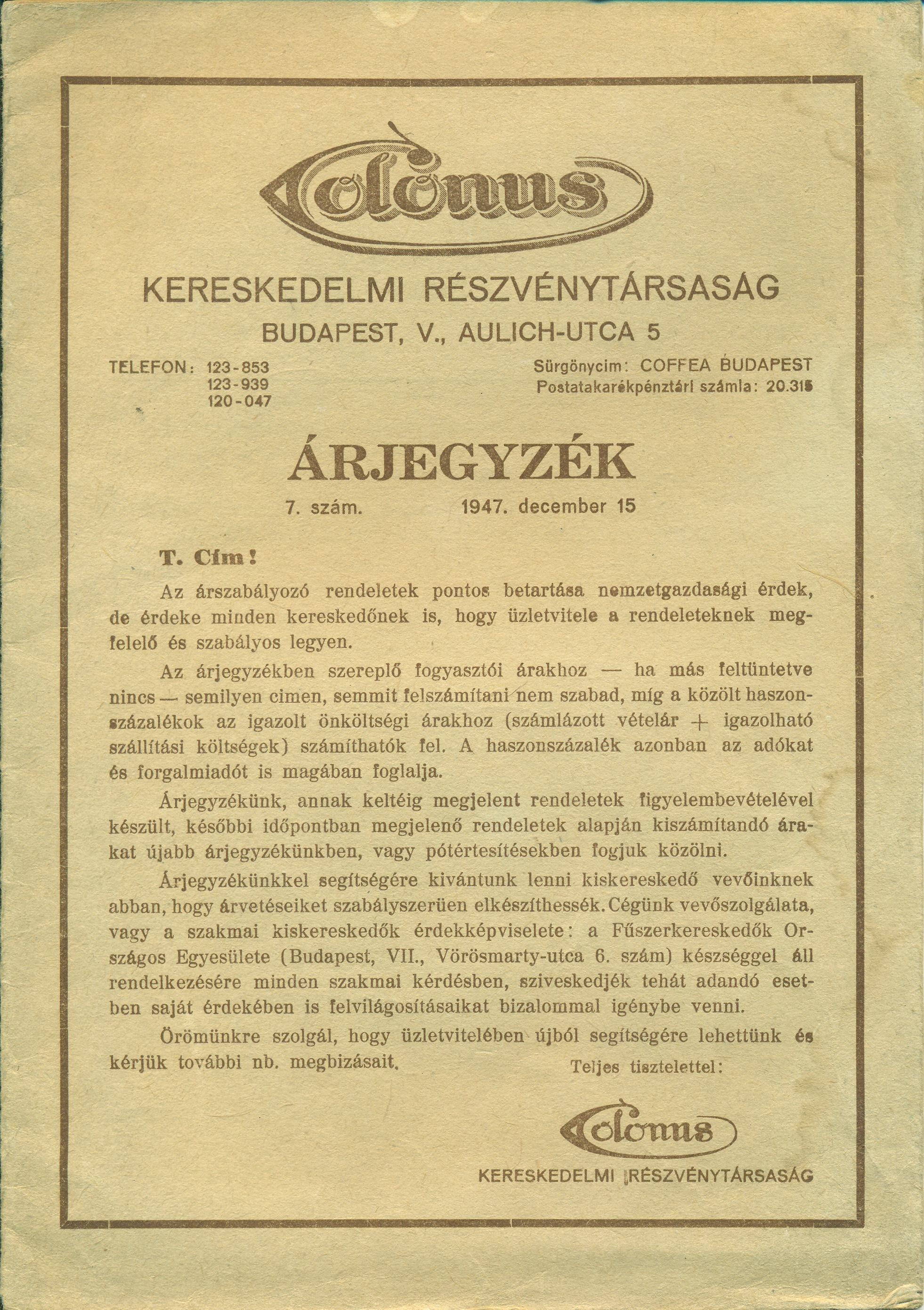 ÁRJEGYZÉK 7. szám (Magyar Kereskedelmi és Vendéglátóipari Múzeum CC BY-NC-SA)