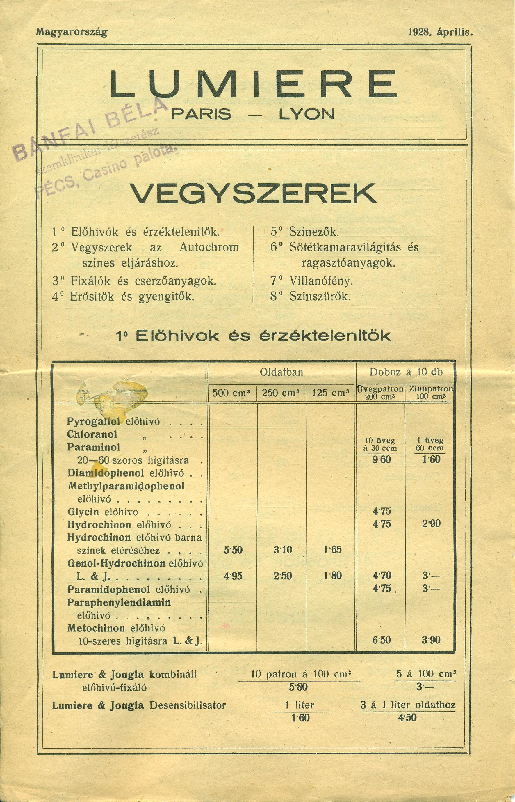 LUMIERE VEGYSZEREK árjegyzéke (Magyar Kereskedelmi és Vendéglátóipari Múzeum CC BY-NC-SA)