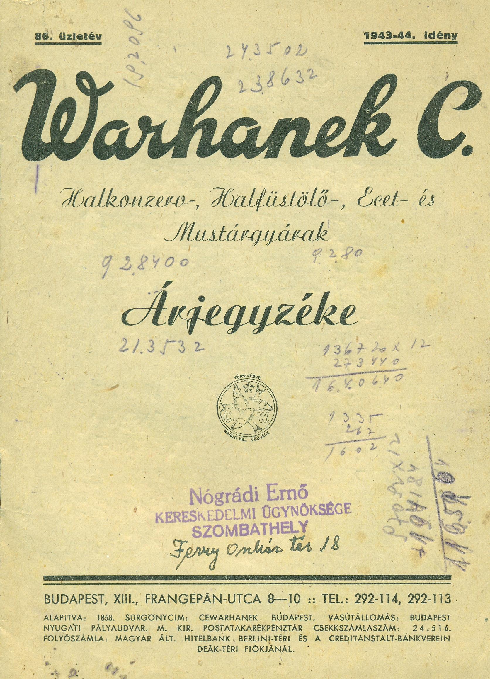 Warhanek C. árjegyzéke (Magyar Kereskedelmi és Vendéglátóipari Múzeum CC BY-NC-SA)
