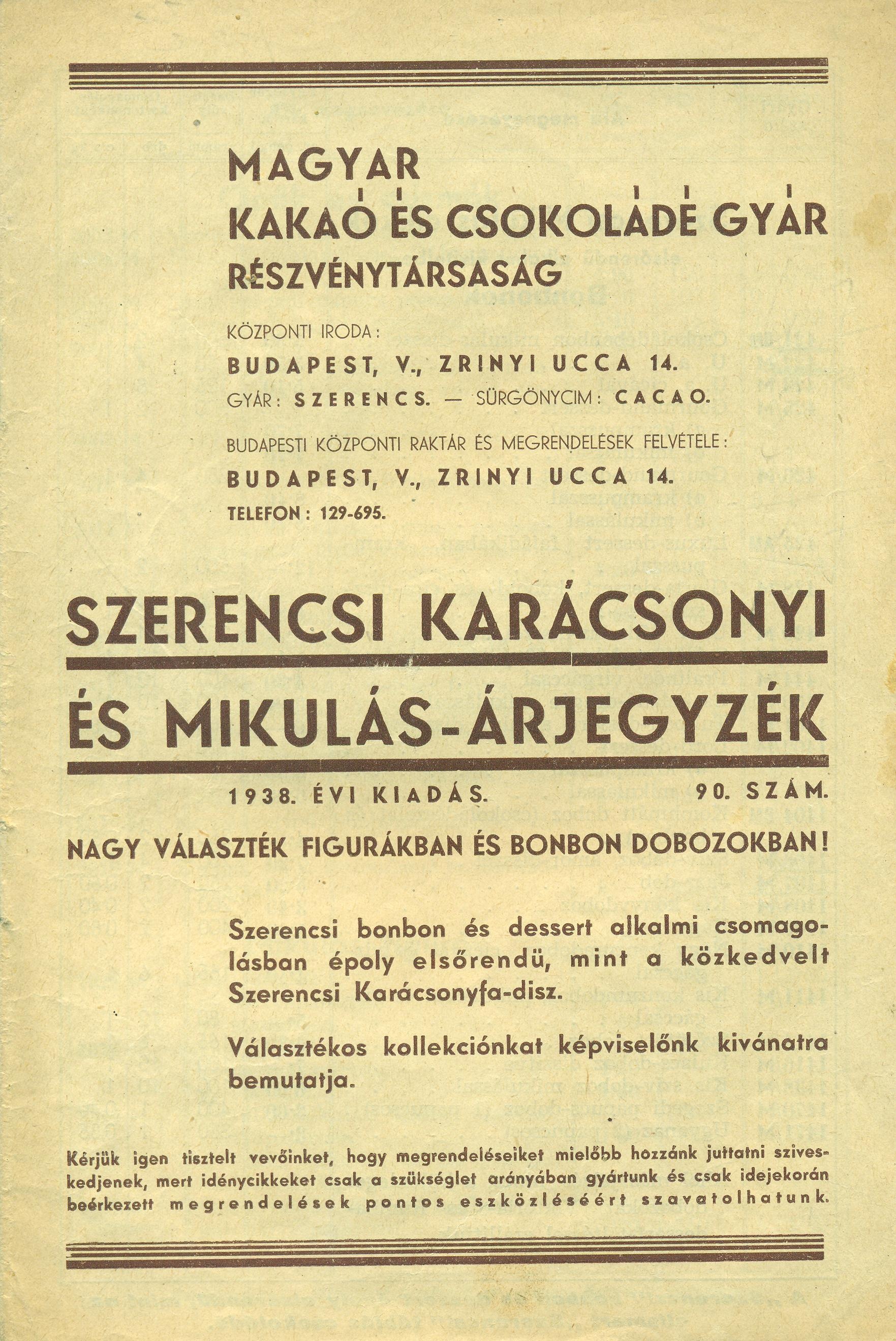 SZERENCSI KARÁCSONYI ÉS MIKULÁS-ÁRJEGYZÉK (Magyar Kereskedelmi és Vendéglátóipari Múzeum CC BY-NC-SA)