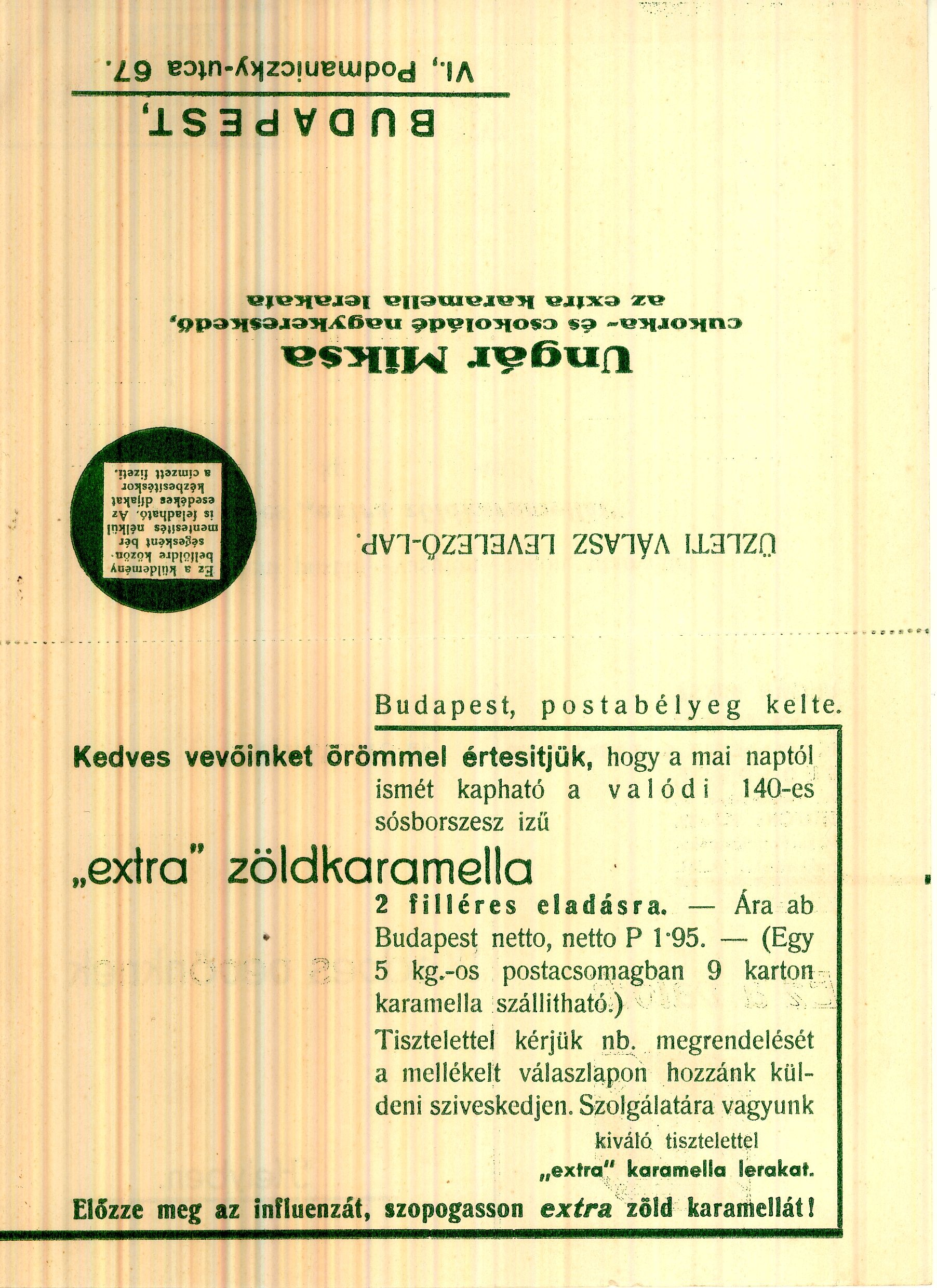 Ungár Miksa zöldkaramella árlap (Magyar Kereskedelmi és Vendéglátóipari Múzeum CC BY-NC-SA)