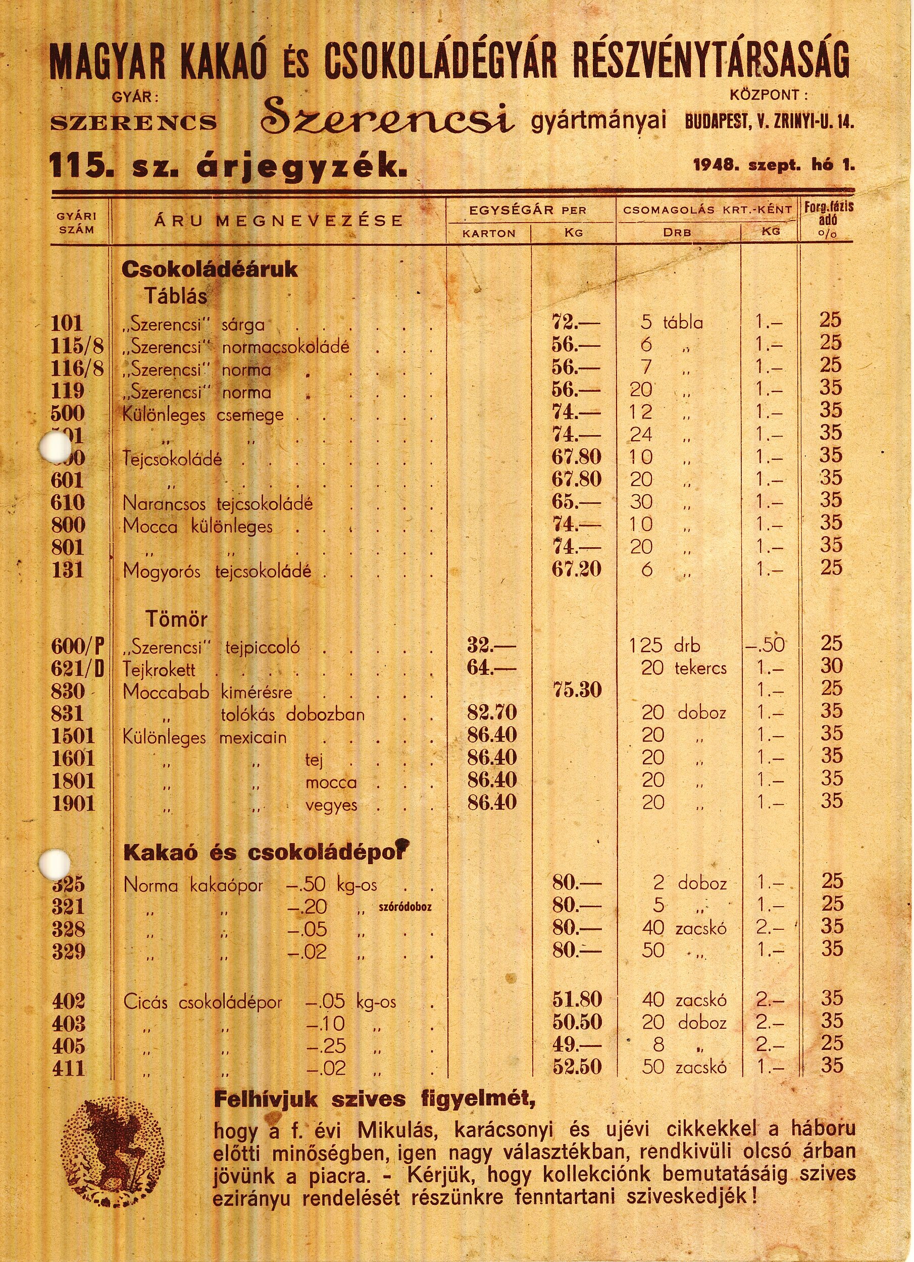 Szerencsi árjegyzék. (Magyar Kereskedelmi és Vendéglátóipari Múzeum CC BY-NC-SA)