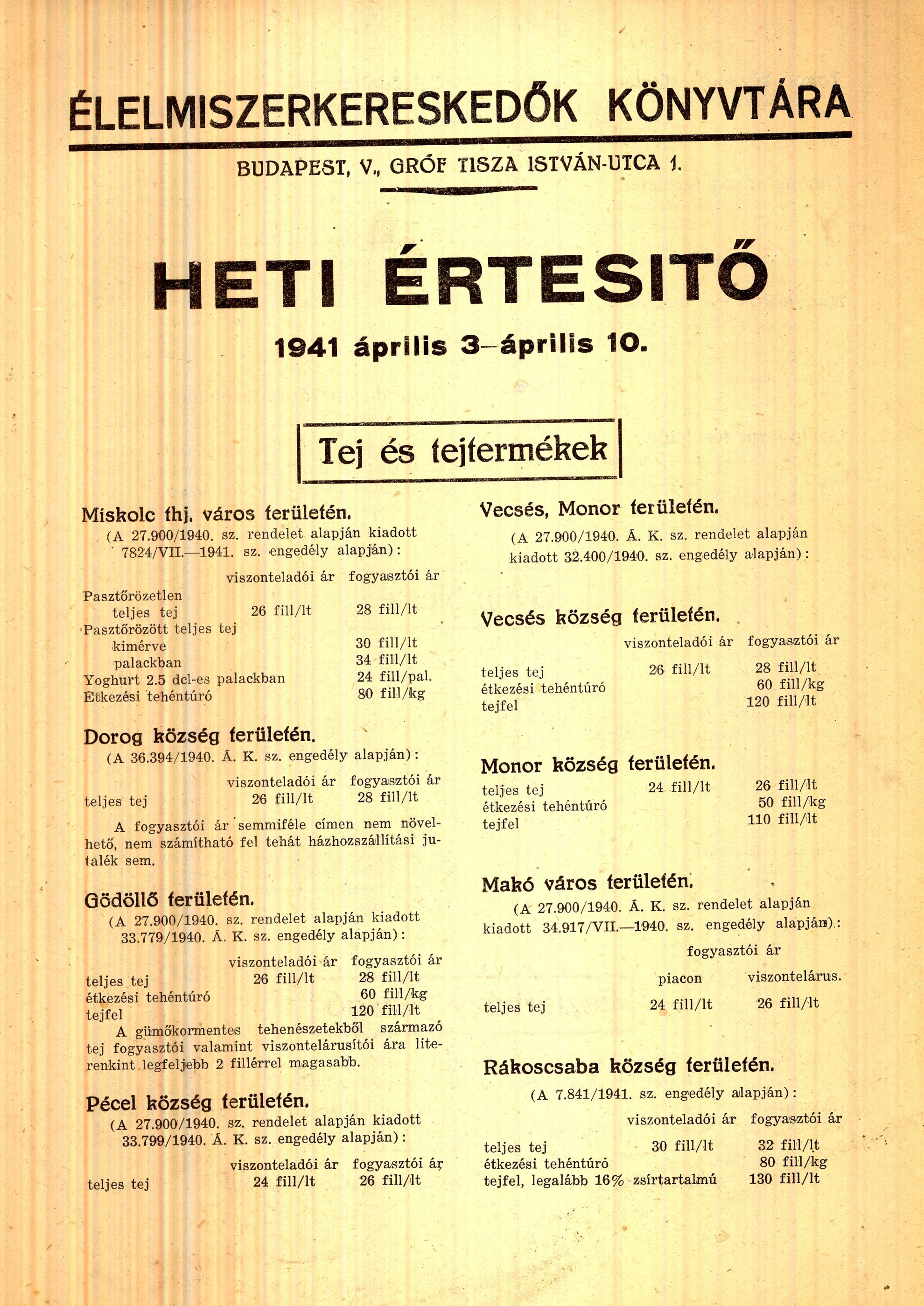 Élelmiszerkereskedők Heti Értesítője (Magyar Kereskedelmi és Vendéglátóipari Múzeum CC BY-NC-SA)