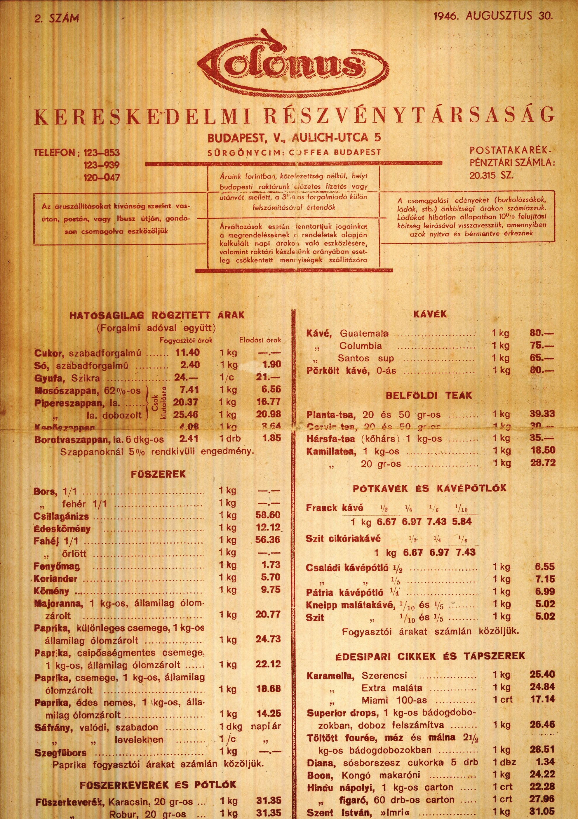 Colonus árjegyzék (Magyar Kereskedelmi és Vendéglátóipari Múzeum CC BY-NC-SA)