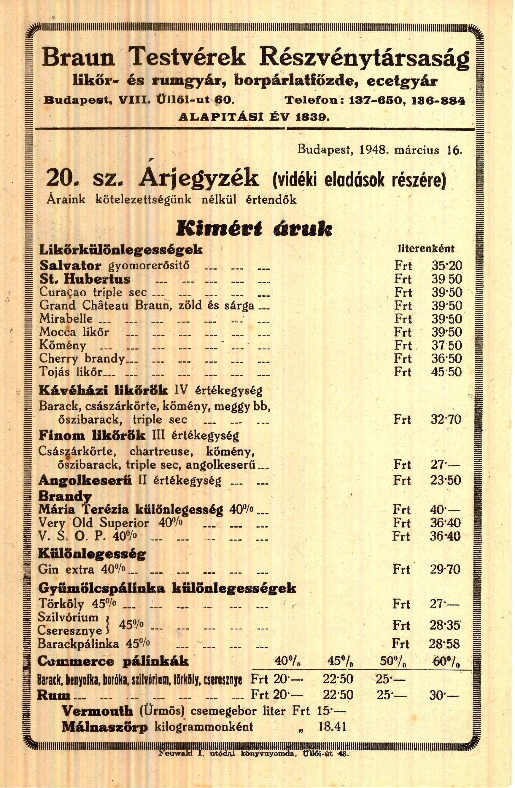 Braun Testvérek árjegyzék (Magyar Kereskedelmi és Vendéglátóipari Múzeum CC BY-NC-SA)