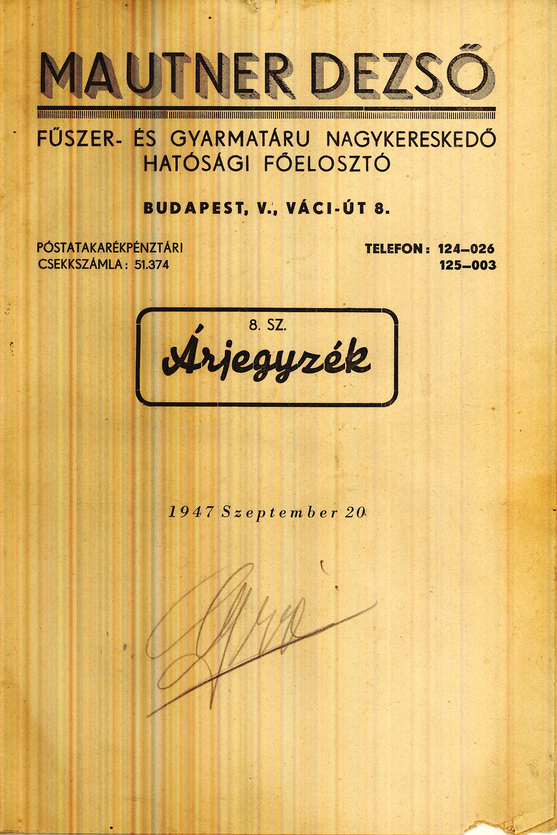 8. SZ. Árjegyzék (Magyar Kereskedelmi és Vendéglátóipari Múzeum CC BY-NC-SA)