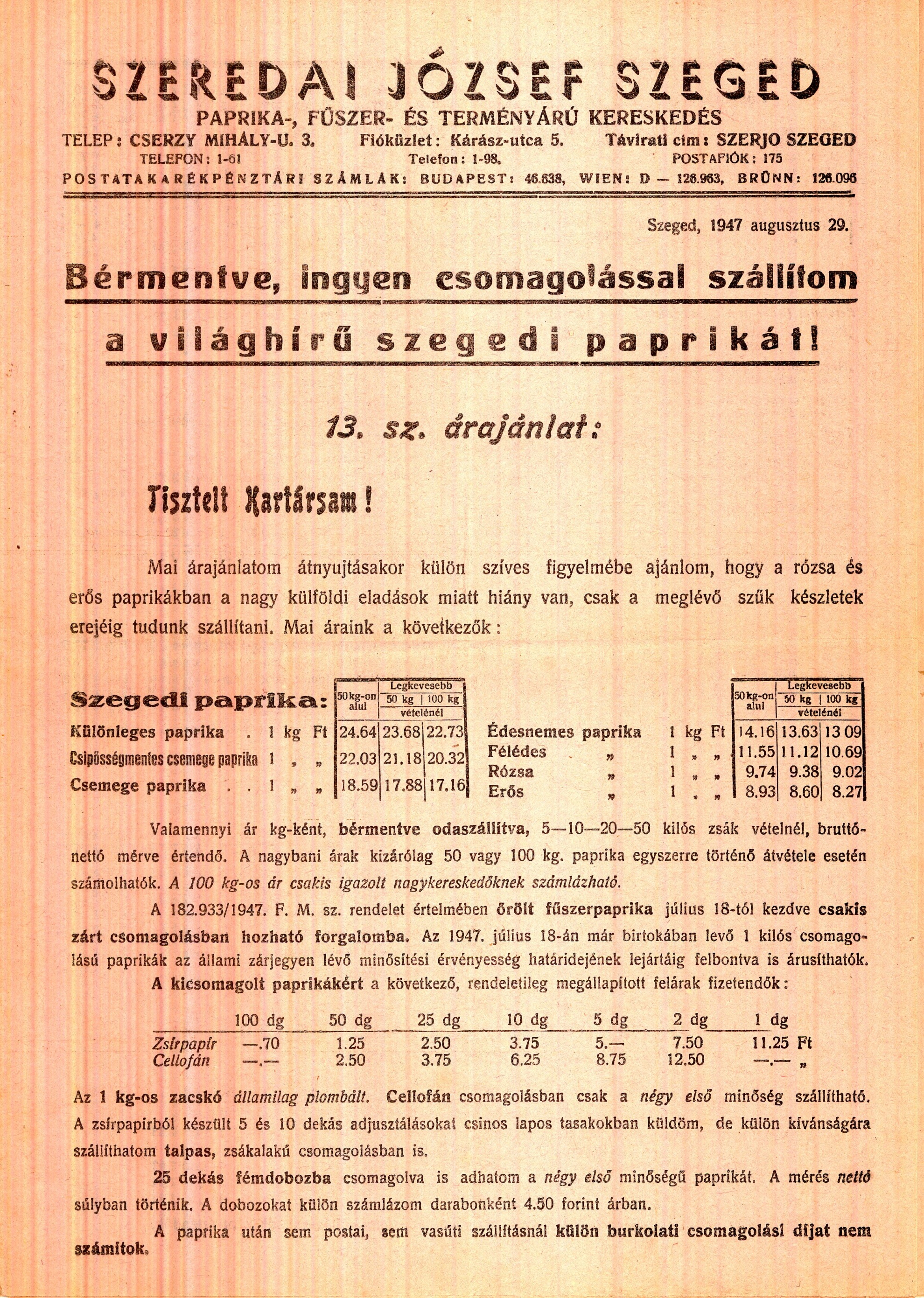 Szeredai József árjegyzék (Magyar Kereskedelmi és Vendéglátóipari Múzeum CC BY-NC-SA)