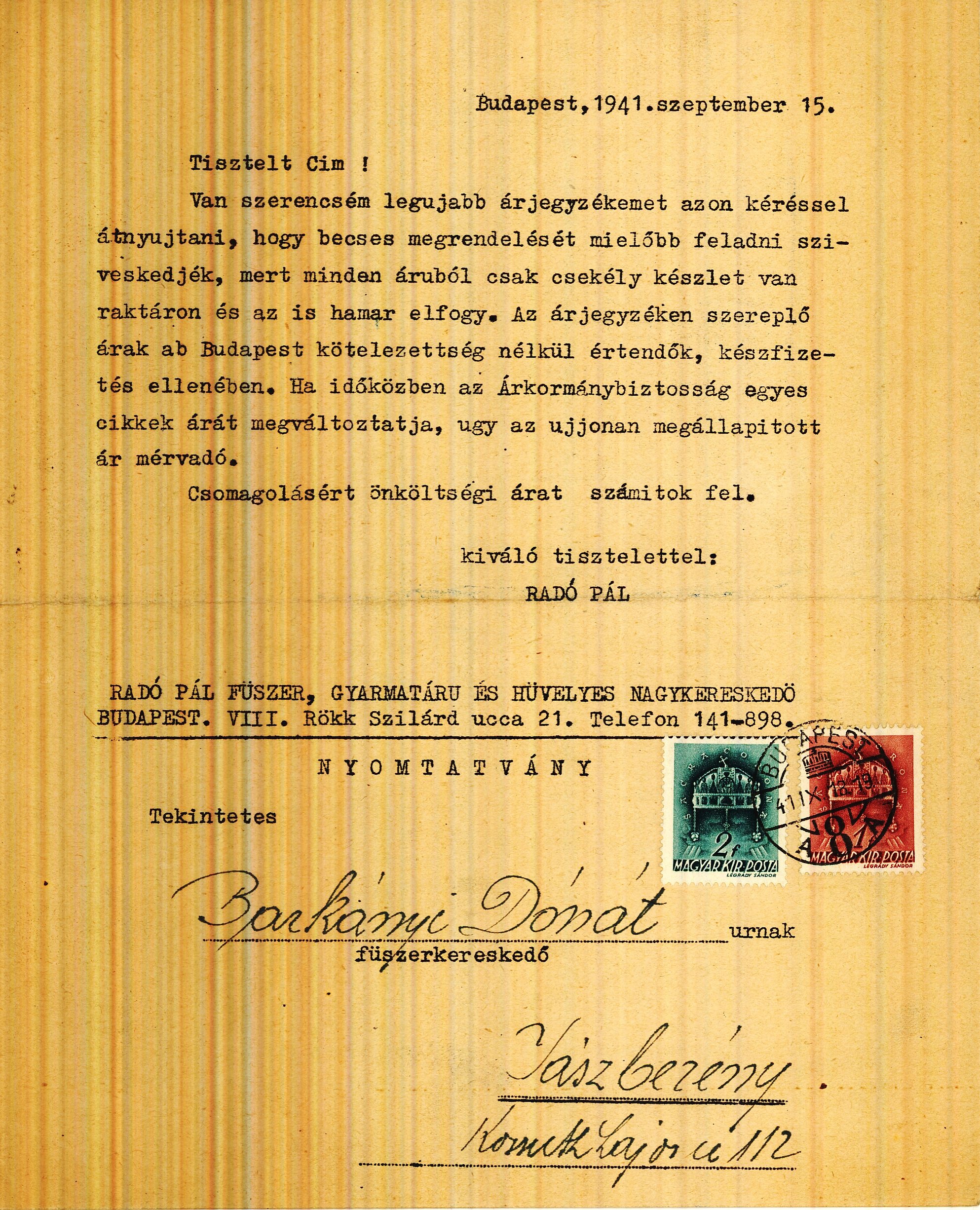 Radó Pál árjegyzék (Magyar Kereskedelmi és Vendéglátóipari Múzeum CC BY-NC-SA)