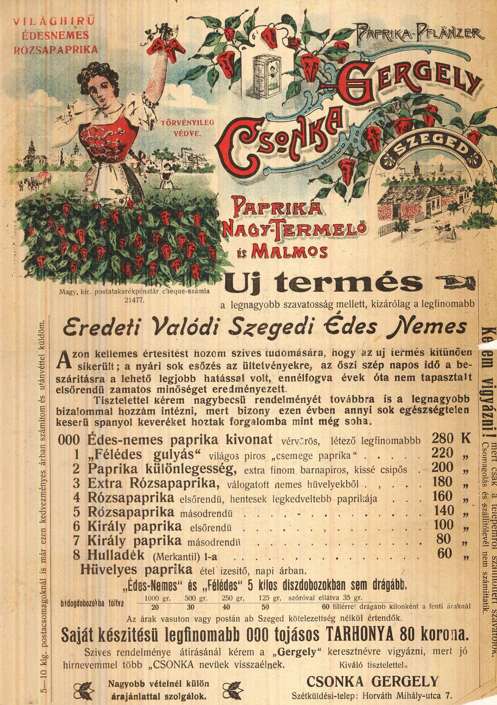 Csonka Gergely paprika árlap (Magyar Kereskedelmi és Vendéglátóipari Múzeum CC BY-NC-SA)