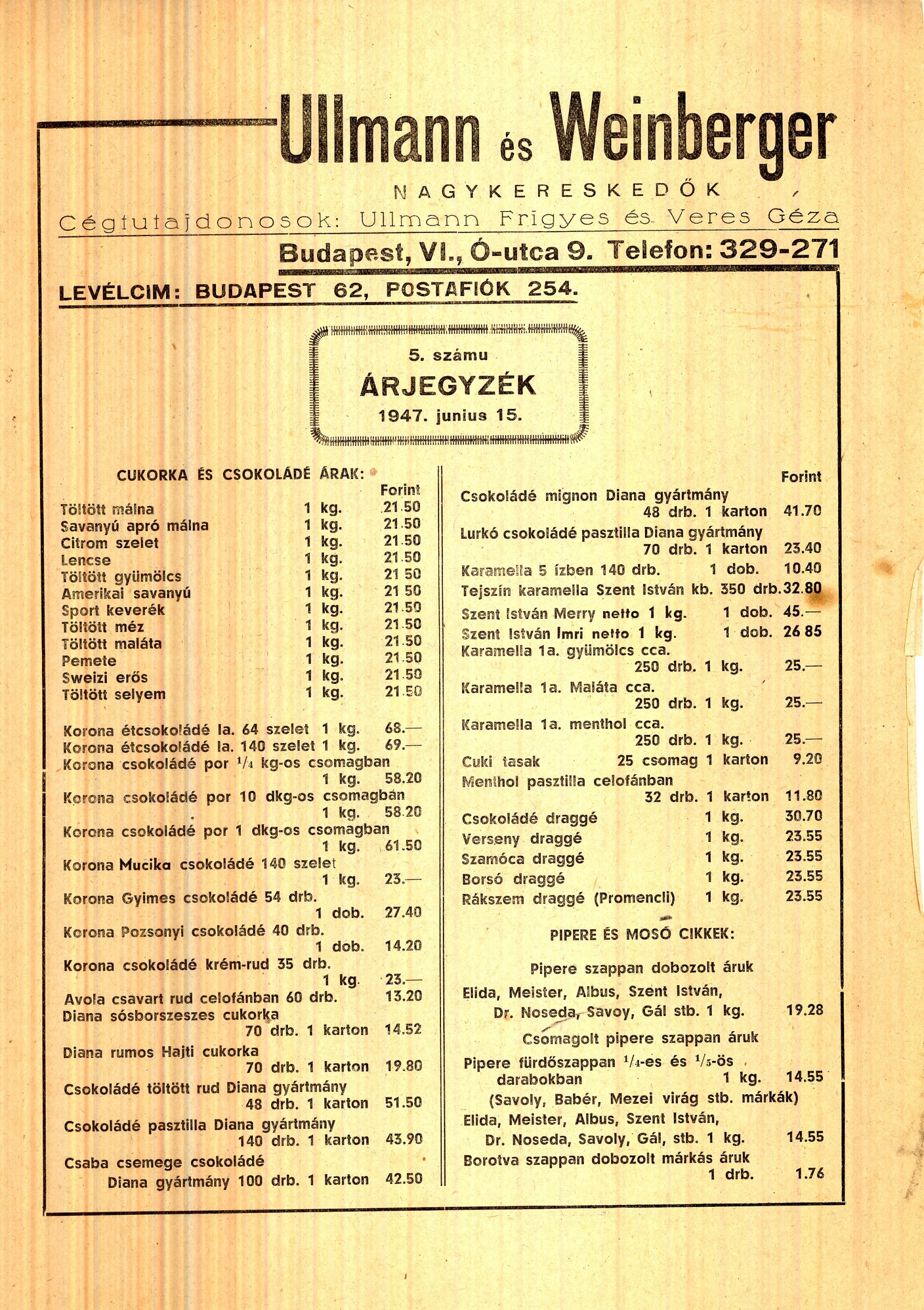 Ullmann és Weinberger árjegyzék (Magyar Kereskedelmi és Vendéglátóipari Múzeum CC BY-NC-SA)