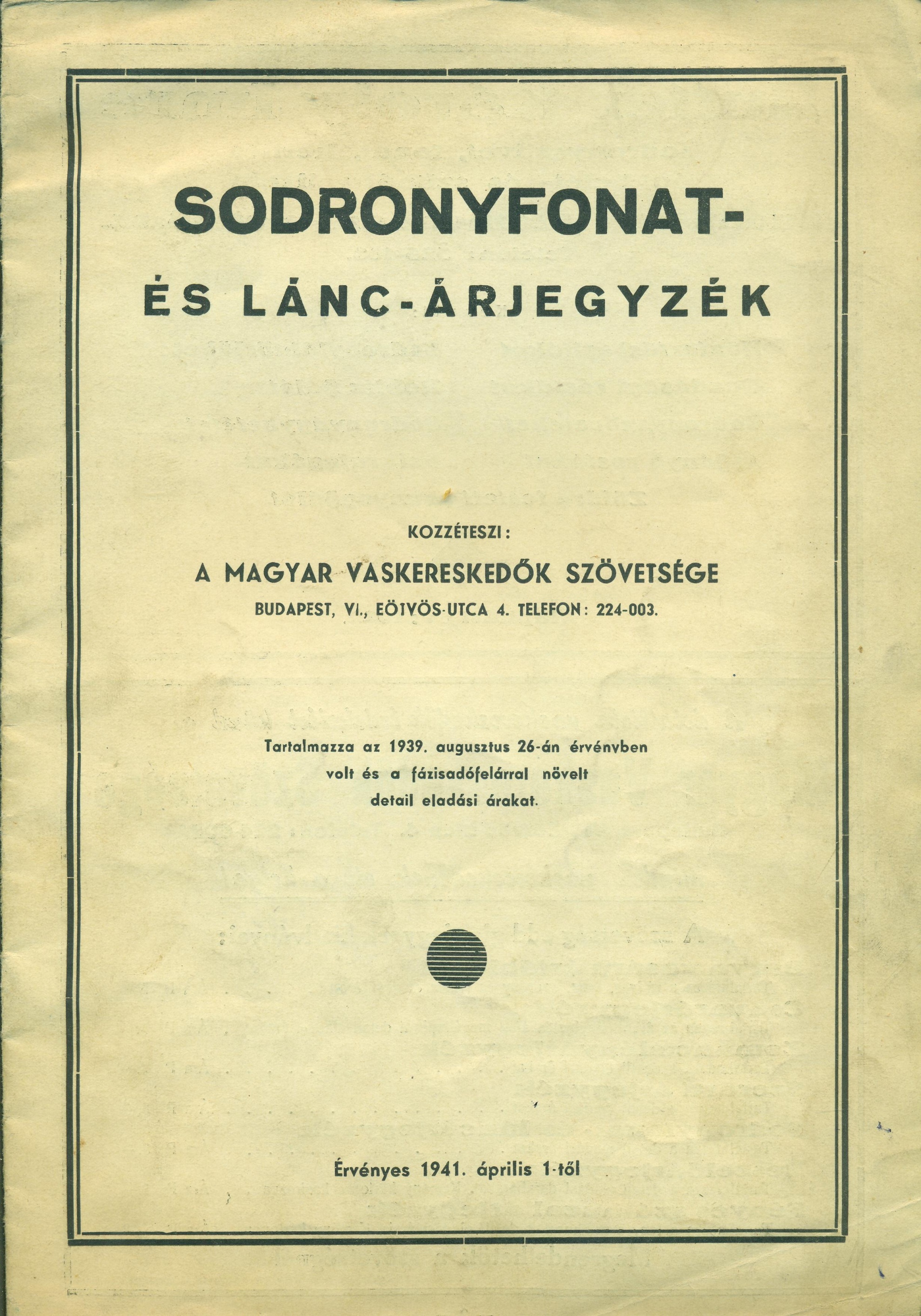 Sodronyfonat- és lánc-árjegyzék (Magyar Kereskedelmi és Vendéglátóipari Múzeum CC BY-NC-SA)
