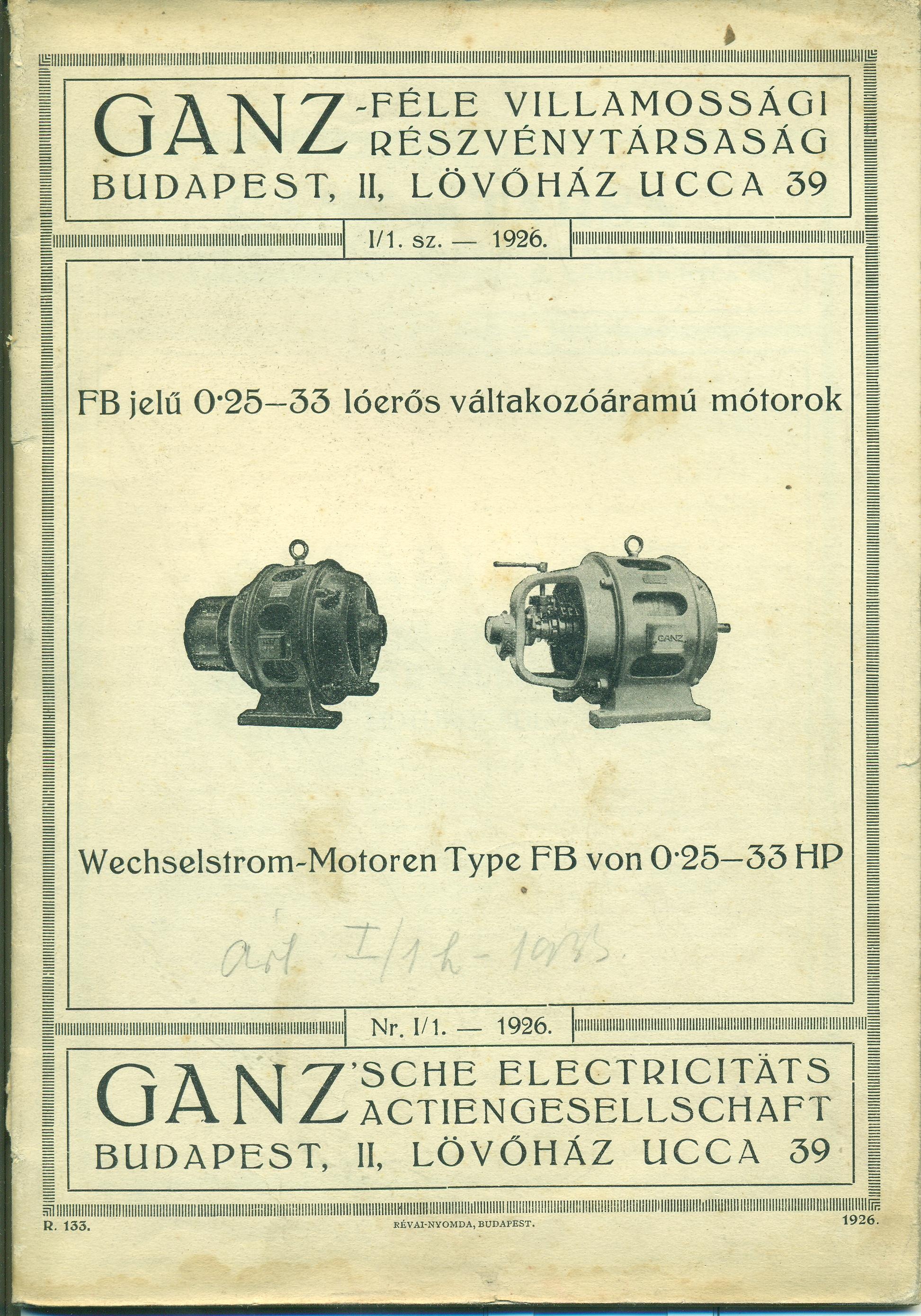 FB jelű 0.25 - 33 lóerős váltakozóáramú mótorok. I/1. sz. - 1926. (Magyar Kereskedelmi és Vendéglátóipari Múzeum CC BY-NC-SA)