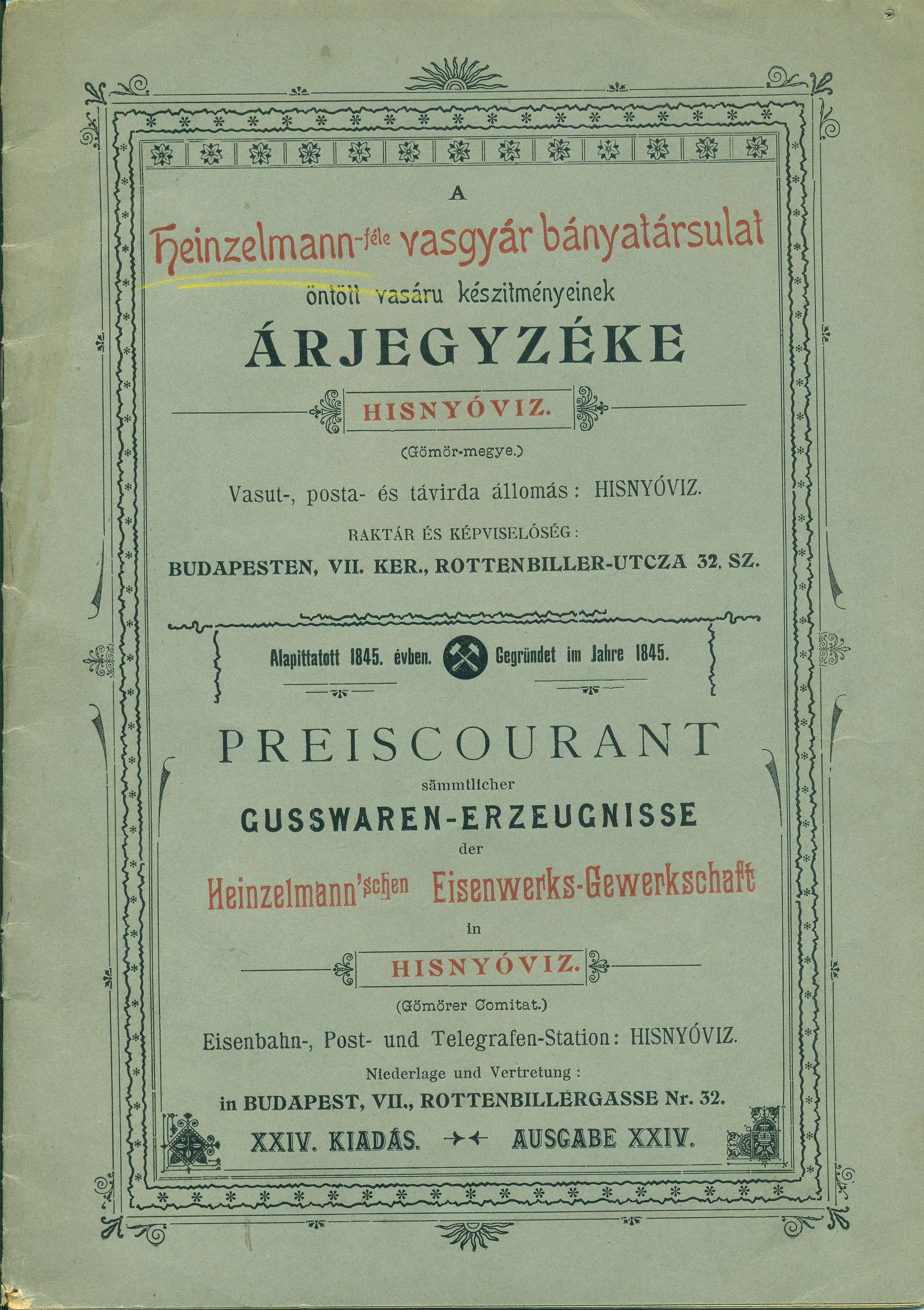 A Heinzelmann-féle vasgyár bányatársulat árjegyzéke (Magyar Kereskedelmi és Vendéglátóipari Múzeum CC BY-NC-SA)