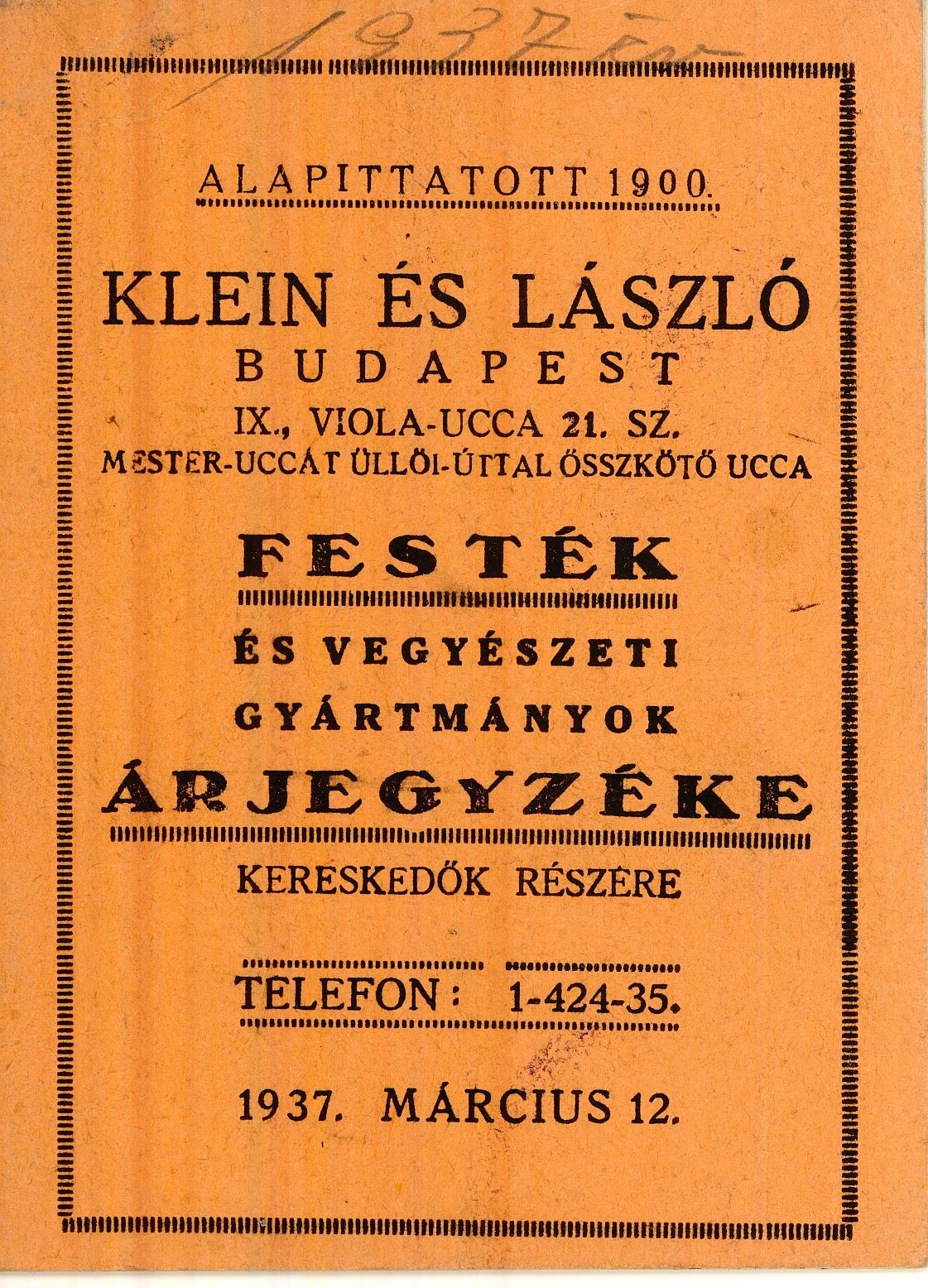Festék és vegyészeti gyártmányok árjegyzéke kereskedők részére (Magyar Kereskedelmi és Vendéglátóipari Múzeum CC BY-NC-SA)