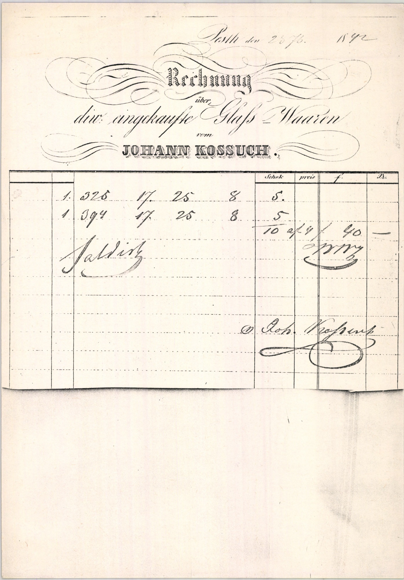 Kossuch János számla (Magyar Kereskedelmi és Vendéglátóipari Múzeum CC BY-NC-SA)